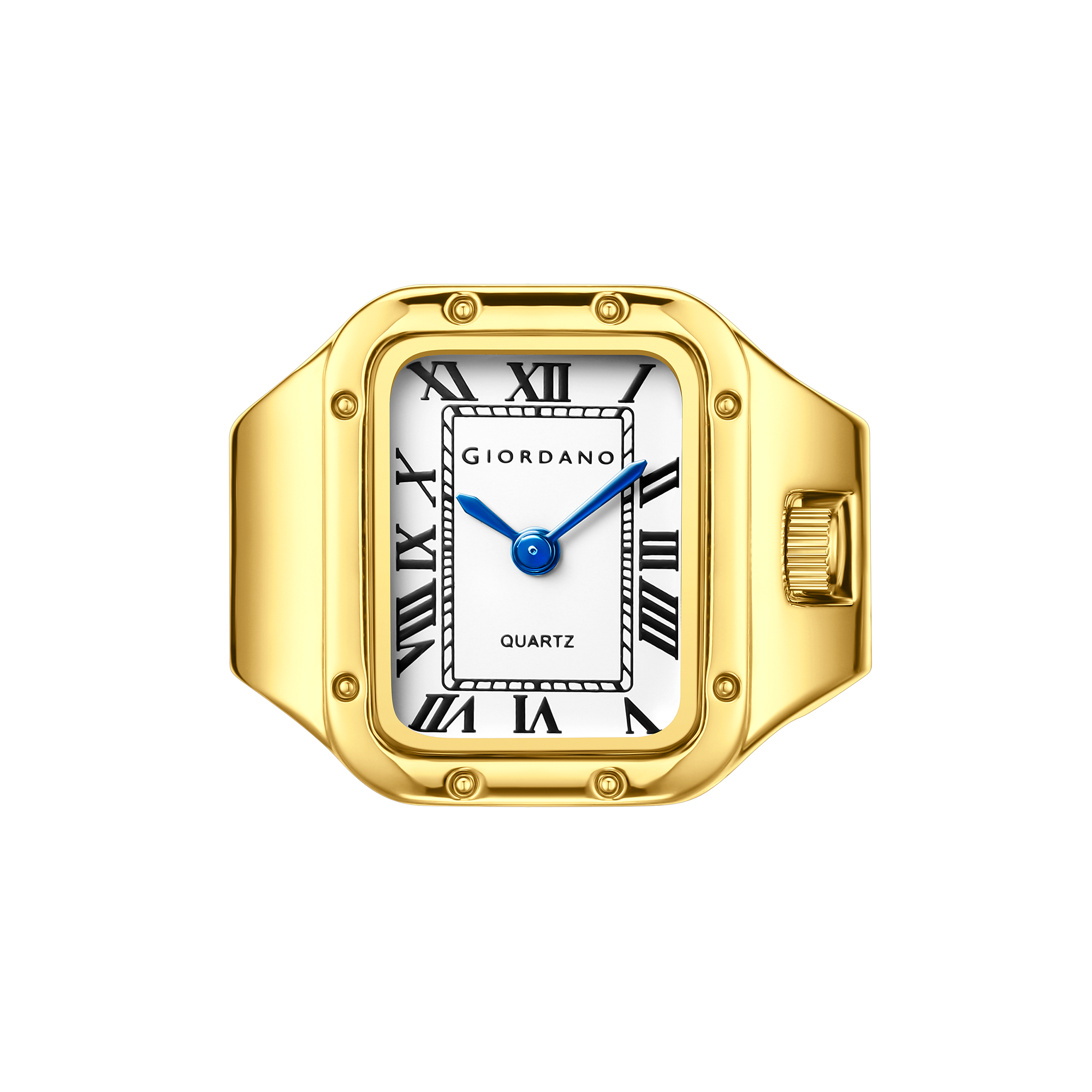 Giordano Analog Ring Watch for Women with Rectangular White Dial, Roman Numeral Markers, Blue Hands, Quartz Movement and Gold-Tone Stainless Steel Case - GZ-60186-11
