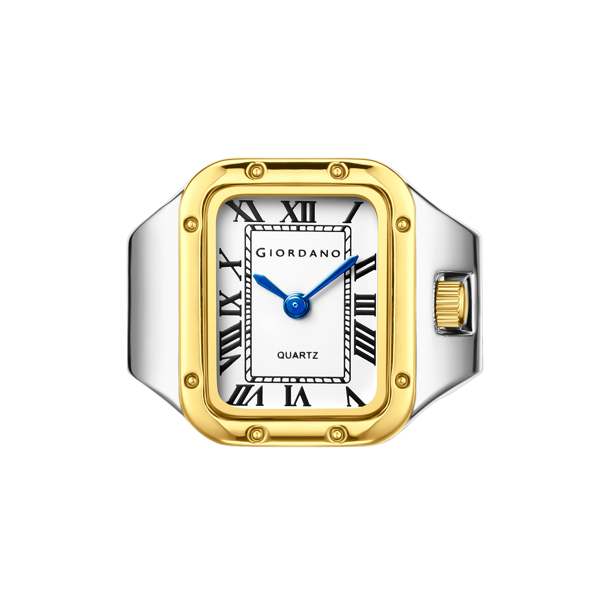 Giordano Analog Ring Watch for Women with Rectangular White Dial, Roman Numeral Markers, Blue Hands, Quartz Movement and Two-Tone Stainless Steel Case - GZ-60186-33