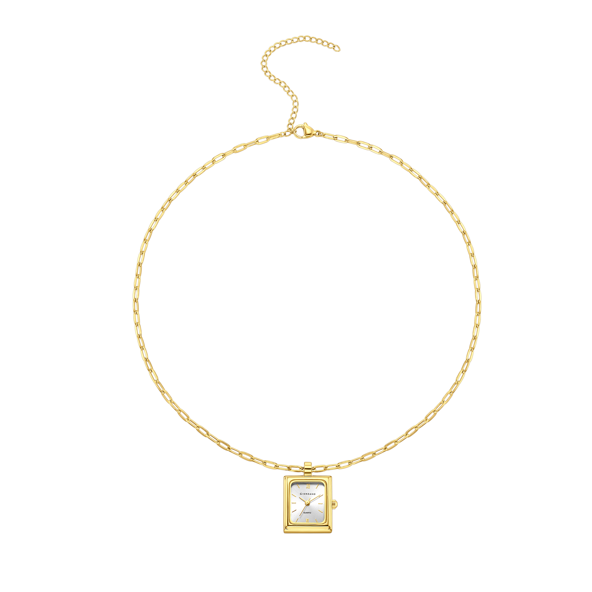 Giordano Analog Watch Pendant Necklace for Women with Rectangular Silver Dial, Roman Numeral Markers, Quartz Movement and Adjustable Gold Chain - GZ-60185-11