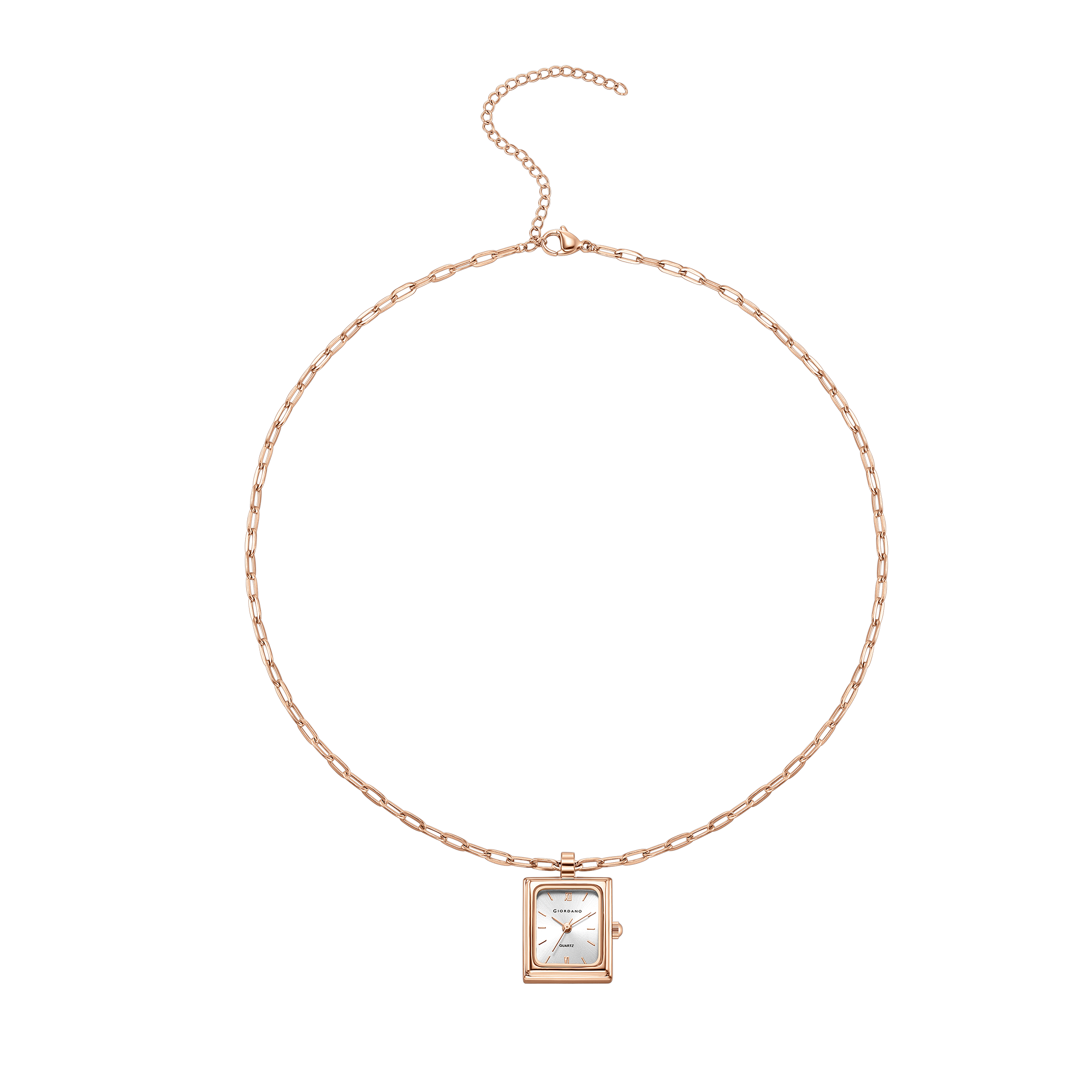 Giordano Analog Watch Pendant Necklace for Women with Rectangular Silver Dial, Roman Numeral Markers, Quartz Movement and Adjustable Rose Gold Chain - GZ-60185-22
