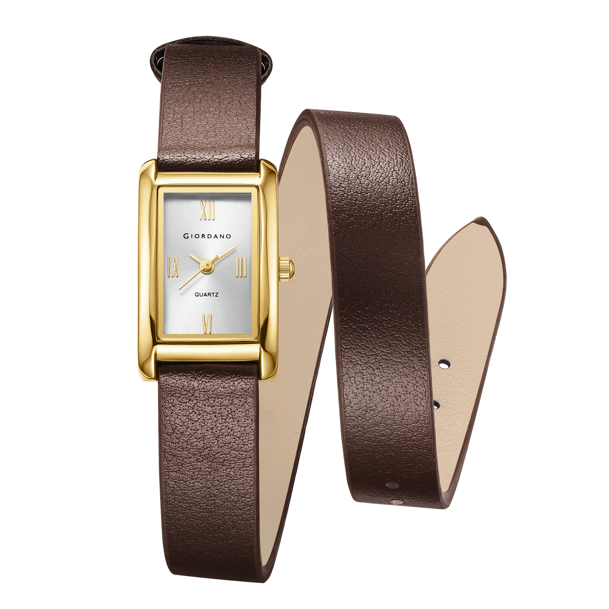 Giordano Analog Watch for Women with Rectangular Silver Dial, Roman Numeral Markers, Quartz Movement and Brown Leather Strap - GZ-60184-03