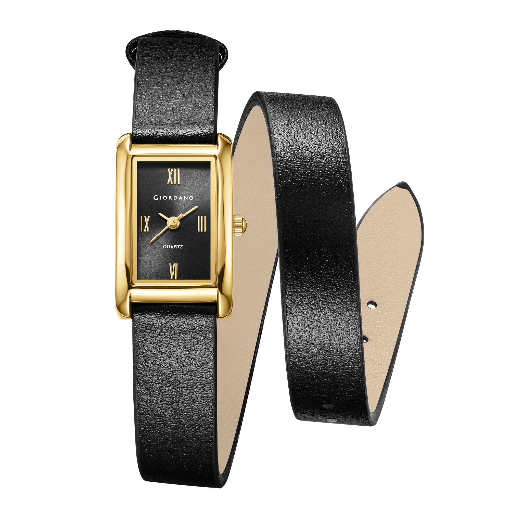 Giordano Analog Watch for Women with Rectangular Black Dial, Roman Numeral Markers, Quartz Movement and Black Leather Strap - GZ-60184-01