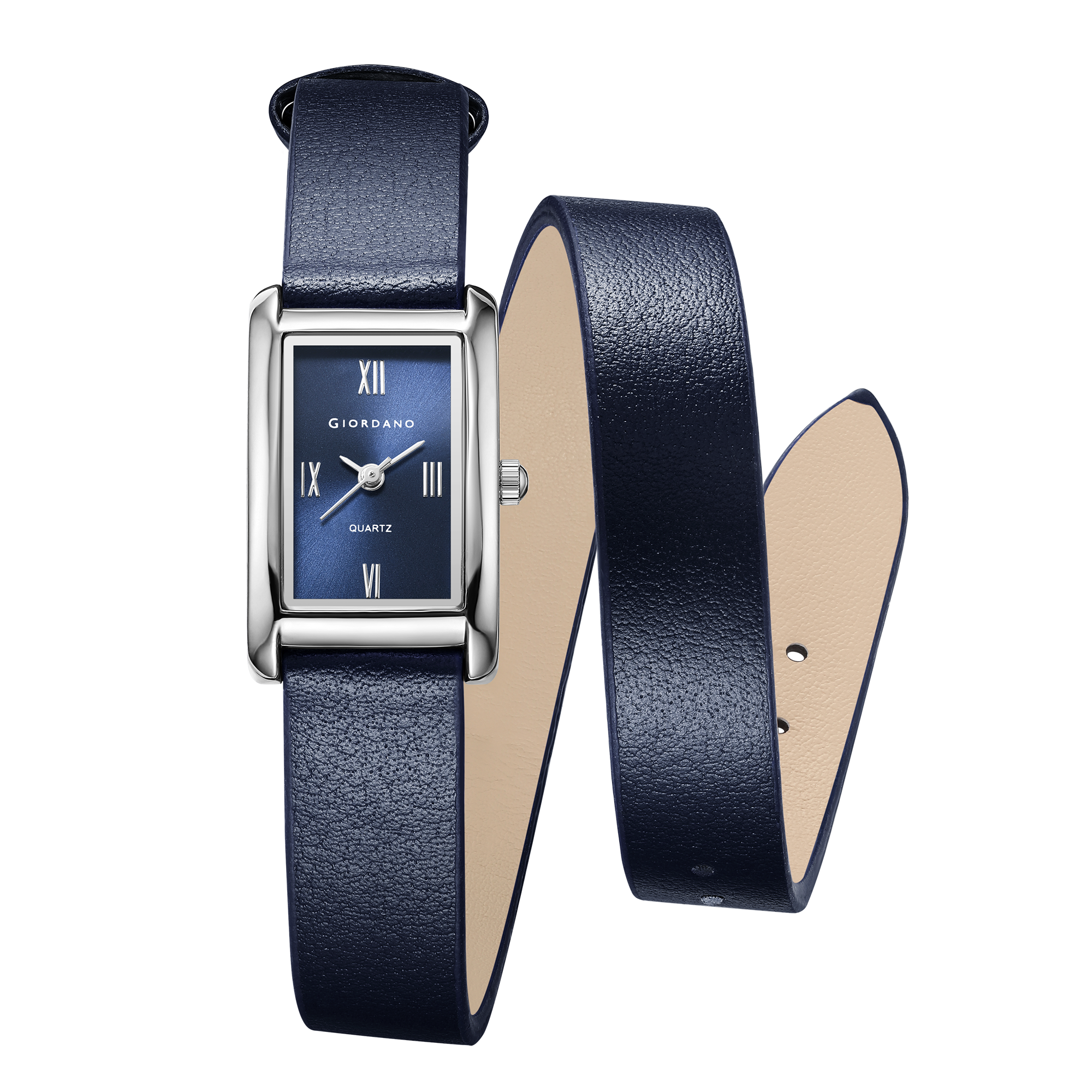 Giordano Analog Watch for Women with Rectangular Blue Dial, Roman Numeral Markers, Quartz Movement and Blue Leather Strap - GZ-60184-02