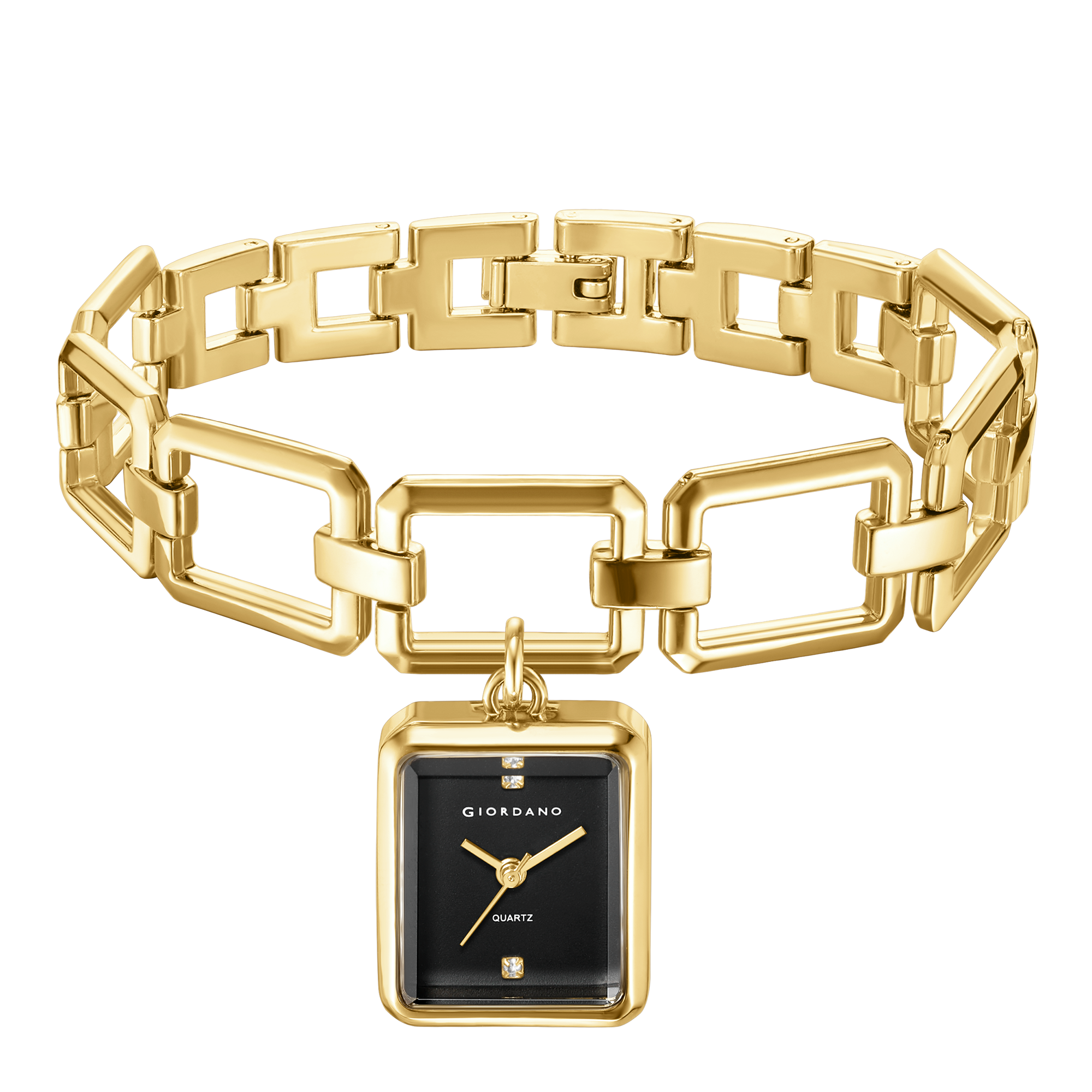 Giordano Analog Bracelet Watch for Women with Square Black Dial, Crystal Hour Markers, Quartz Movement and Gold-Tone Link Bracelet - GZ-60187-11