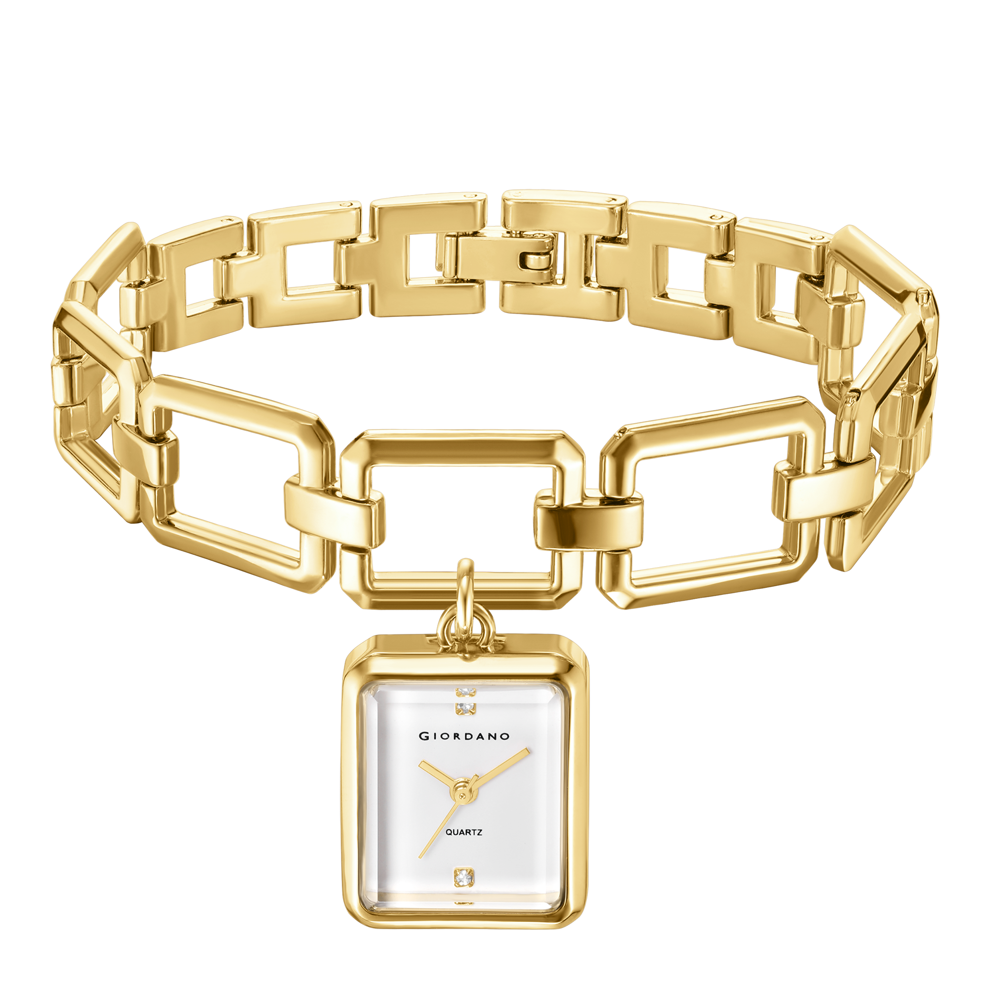 Giordano Analog Bracelet Watch for Women with Square White Dial, Crystal Hour Markers, Quartz Movement and Gold-Tone Link Bracelet - GZ-60187-22