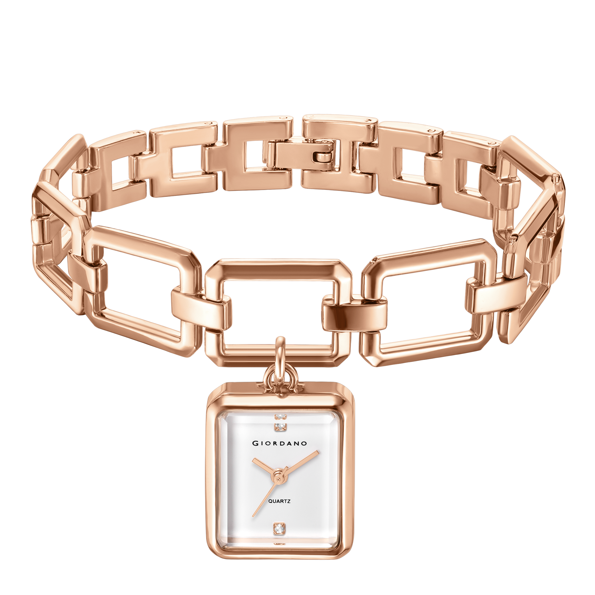 Giordano Analog Bracelet Watch for Women with Square White Dial, Crystal Hour Markers, Quartz Movement and Rose Gold-Tone Link Bracelet - GZ-60187-33