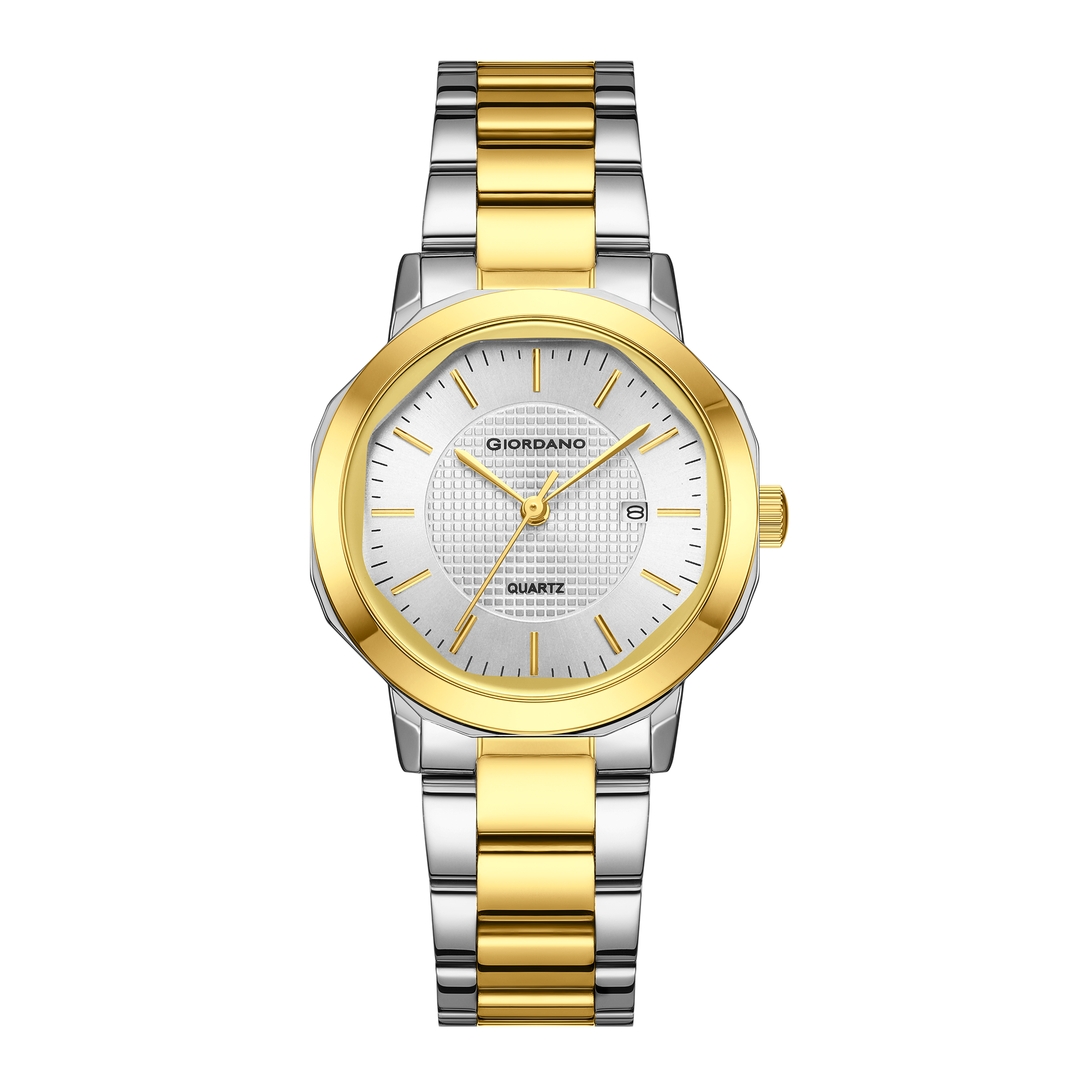 Giordano Analog Quartz Watch for Women with Silver Round Textured Dial, Date Display, Baton Hour Markers and Two-Tone Silver & Gold Stainless Steel Strap - GZ-60179-22