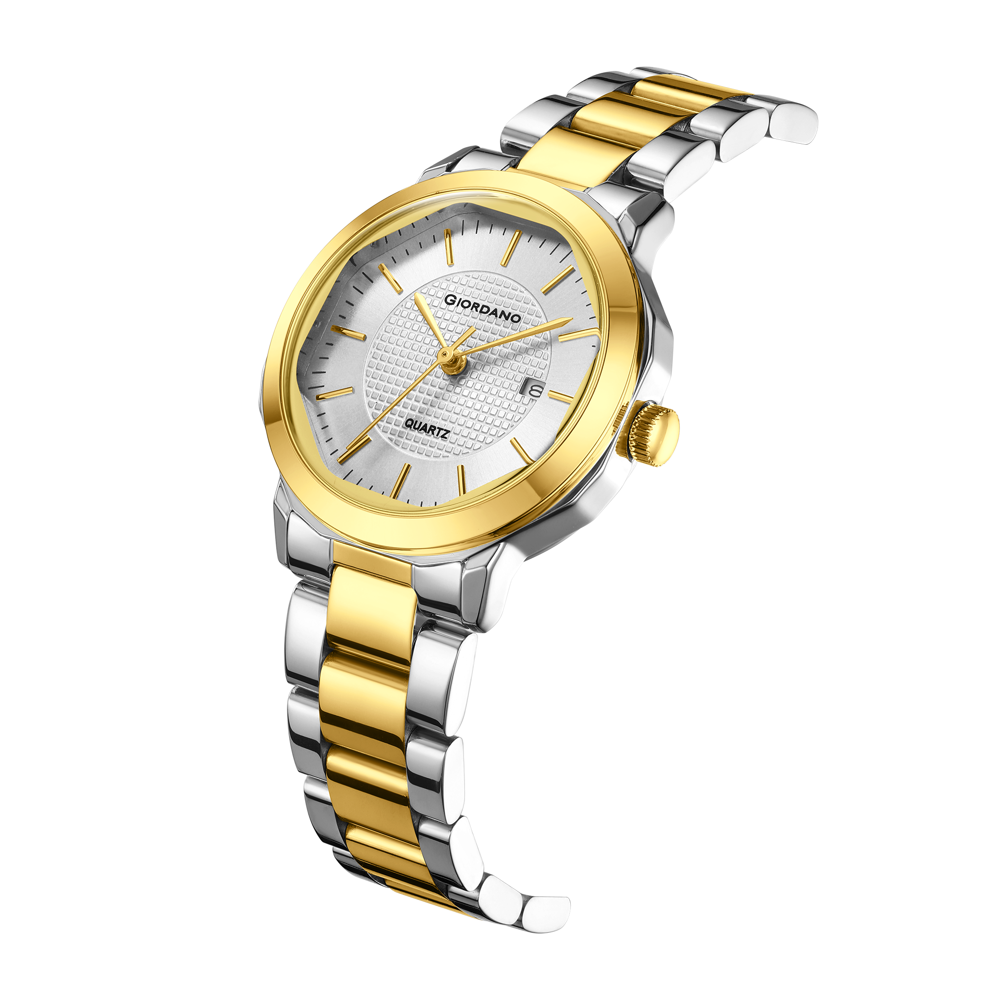 Giordano Analog Quartz Watch for Women with Silver Round Textured Dial, Date Display, Baton Hour Markers and Two-Tone Silver & Gold Stainless Steel Strap - GZ-60179-22