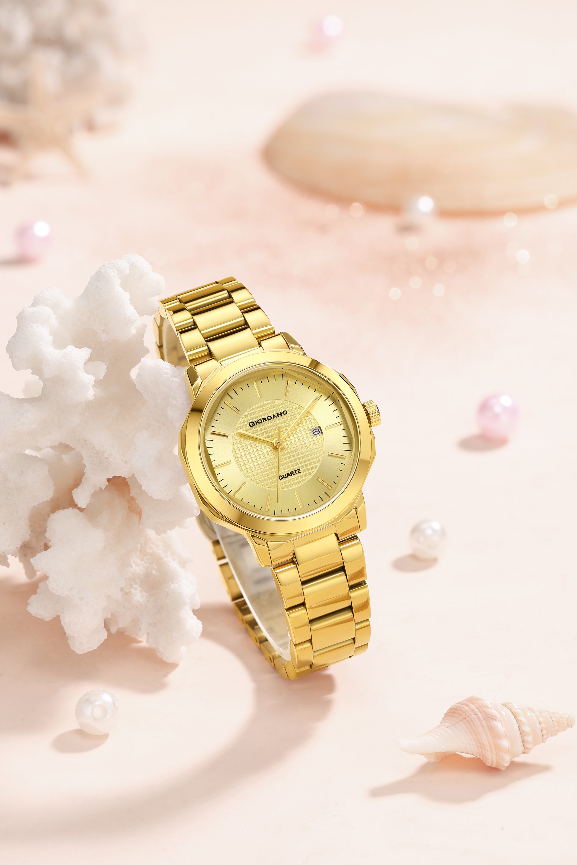 Giordano Analog Quartz Watch for Women with Silver Round Textured Dial, Date Display, Baton Hour Markers and Two-Tone Silver & Rose Gold Stainless Steel Strap - GZ-60179-33
