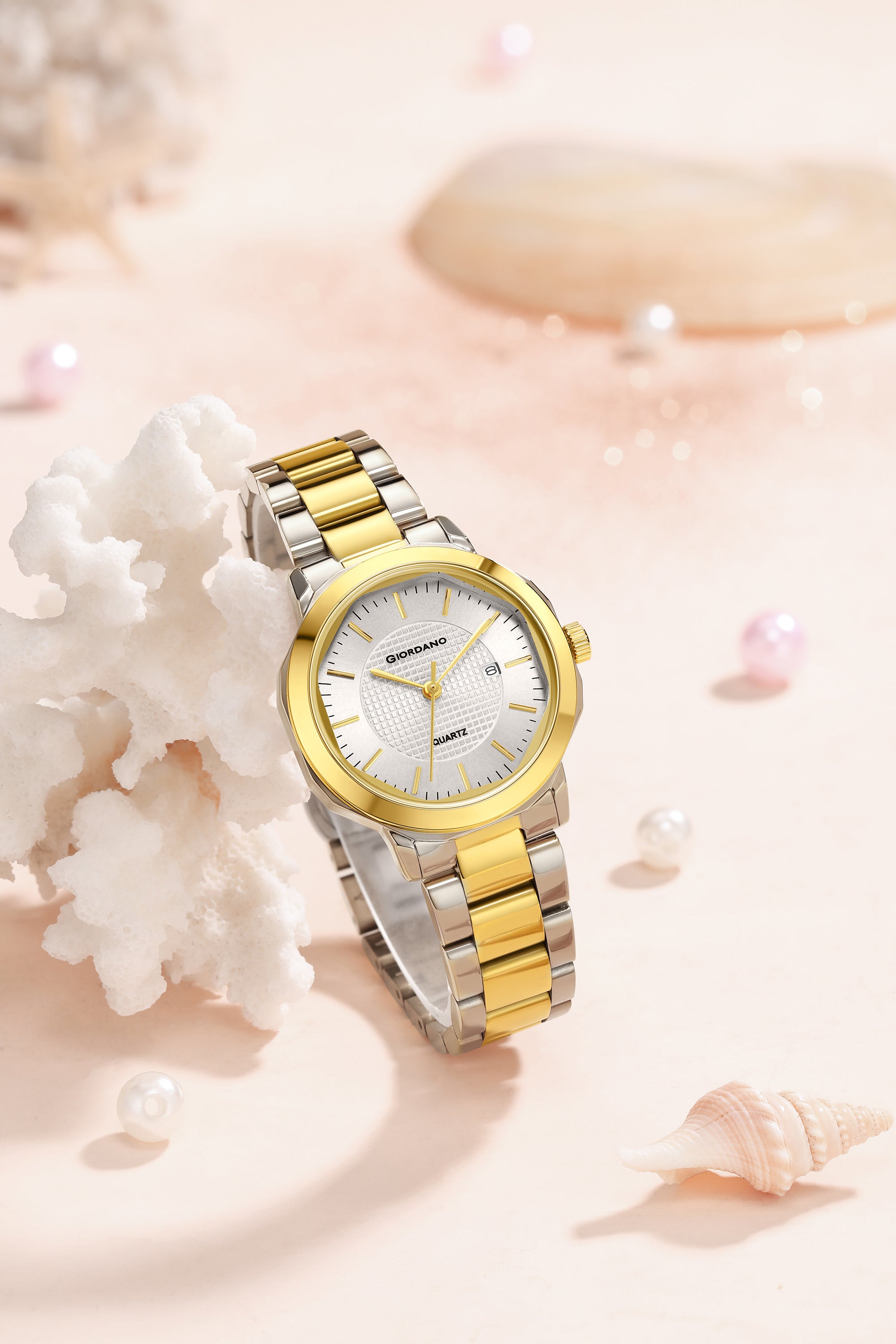 Giordano Analog Quartz Watch for Women with Silver Round Textured Dial, Date Display, Baton Hour Markers and Two-Tone Silver & Gold Stainless Steel Strap - GZ-60179-22