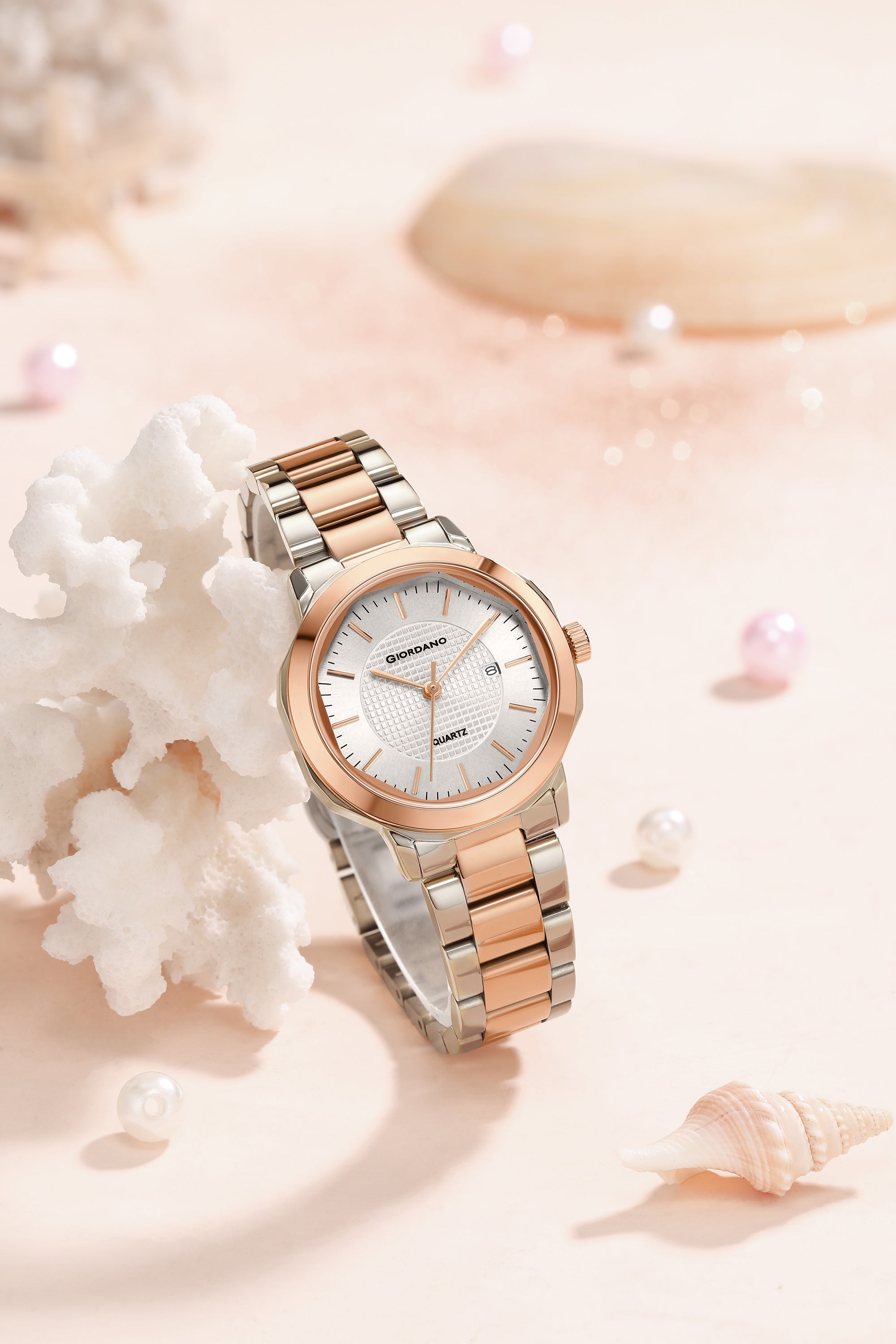 Giordano Analog Quartz Watch for Women with Gold Round Textured Dial, Date Display, Baton Hour Markers and Gold Stainless Steel Strap - GZ-60179-11