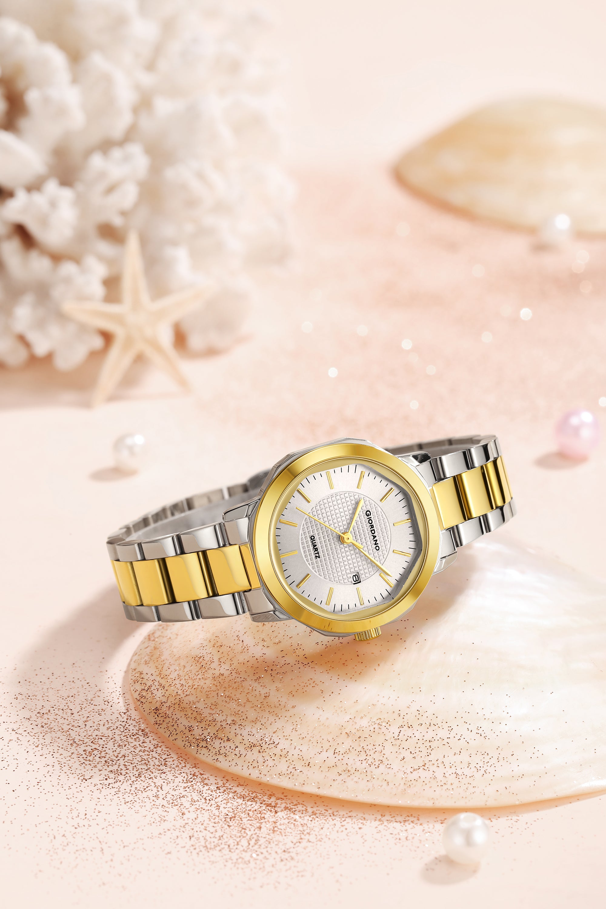Giordano Analog Quartz Watch for Women with Silver Round Textured Dial, Date Display, Baton Hour Markers and Two-Tone Silver & Gold Stainless Steel Strap - GZ-60179-22