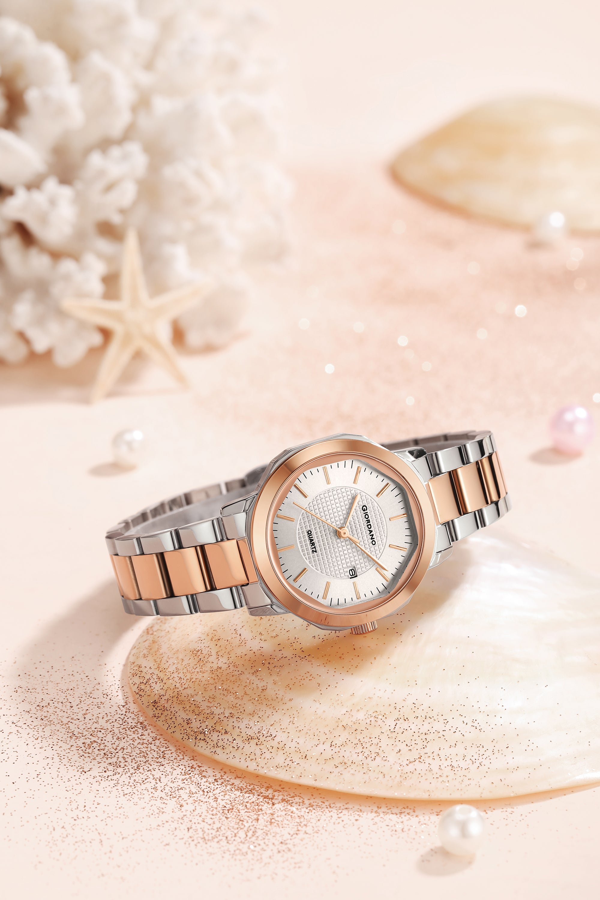 Giordano Analog Quartz Watch for Women with Gold Round Textured Dial, Date Display, Baton Hour Markers and Gold Stainless Steel Strap - GZ-60179-11