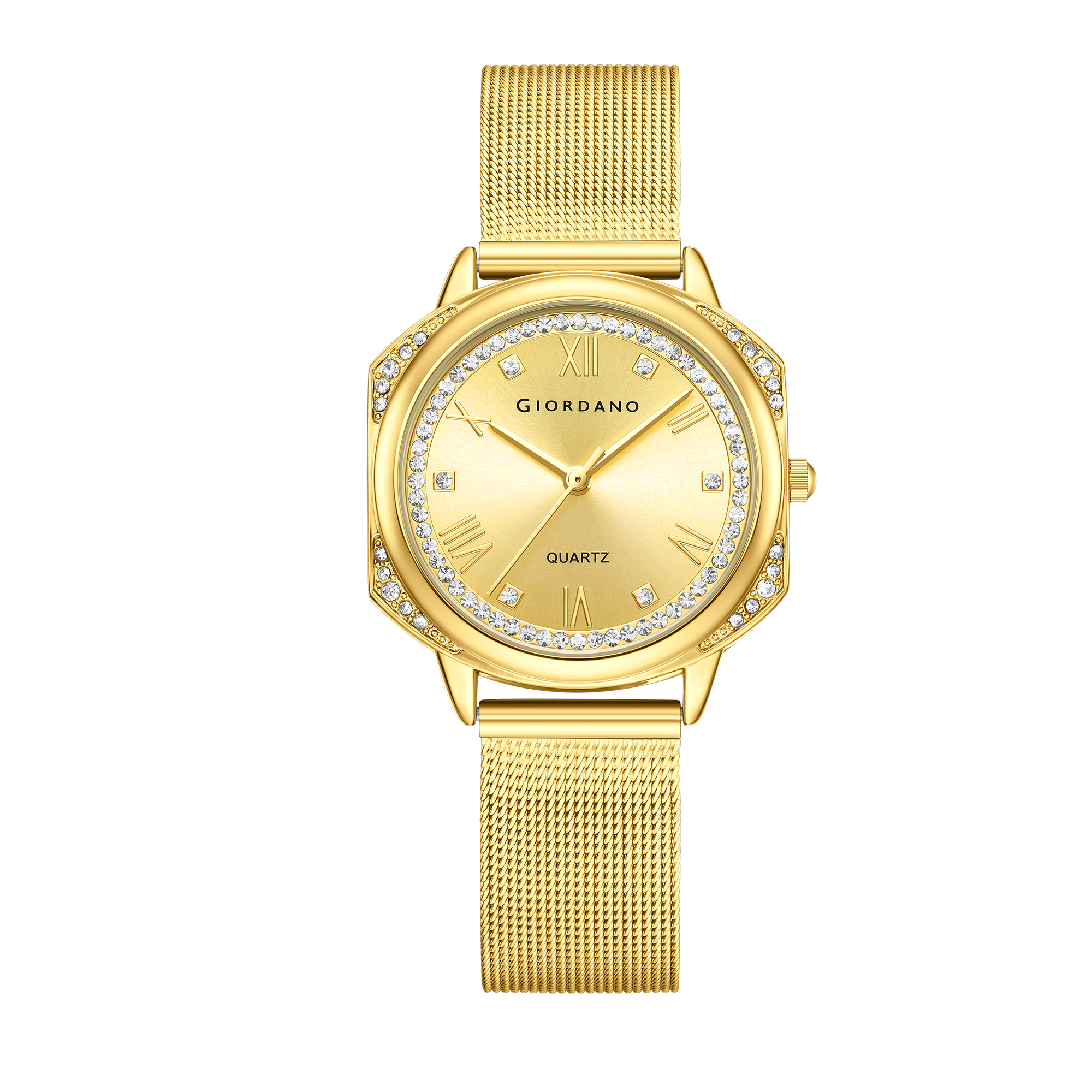 Giordano Gold Analog Quartz Watch Gift Set for Women – 3 Piece Combo with Mesh Strap, Roman Numeral Crystal Studded Dial, Pendant Necklace & Bangle Bracelet, Fashion Jewelry Set - GZ-60183-11