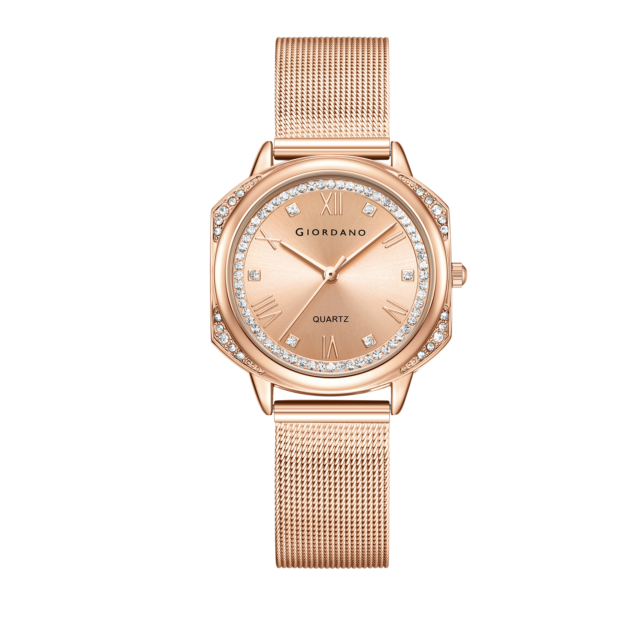 Giordano Rose Gold Analog Quartz Watch Gift Set for Women – 3 Piece Combo with Mesh Strap, Roman Numeral Crystal Studded Dial, Round Pearl Pendant Necklace & Bangle Bracelet - GZ-60183-22