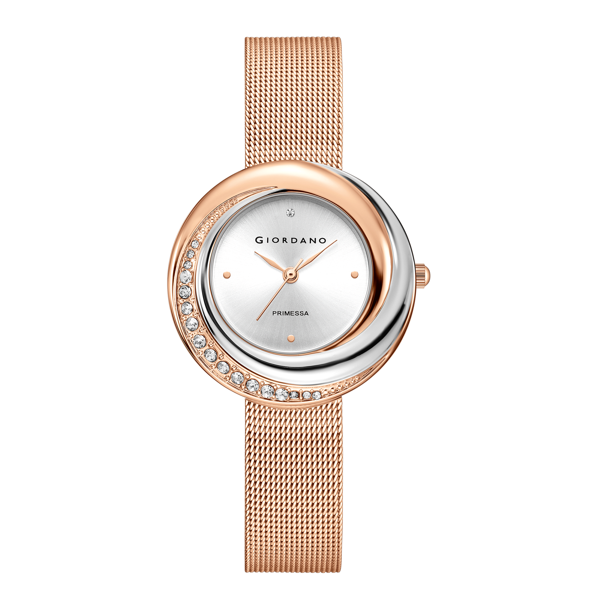 Giordano Primessa Analog Watch for Women with Round Silver Dial, Crystal Accented Bezel, Hour Markers, Quartz Movement and Rose Gold Stainless Steel Mesh Strap - GZ-60182-33