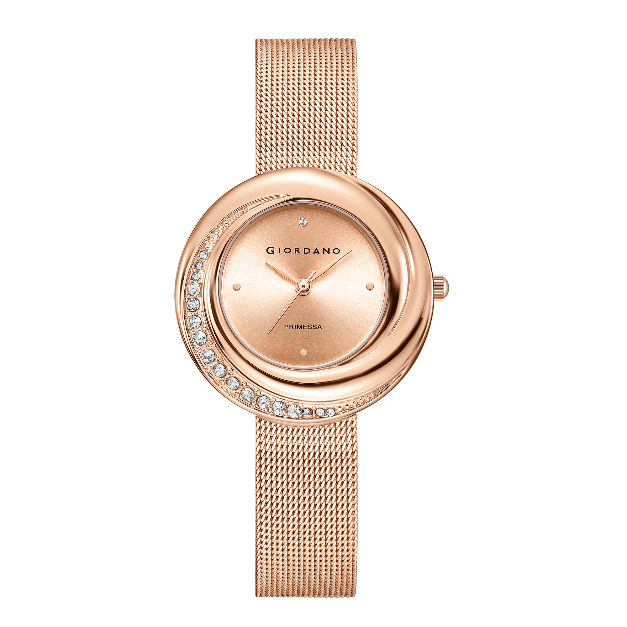 Giordano Primessa Analog Watch for Women with Round Rose Gold Dial, Crystal Accented Bezel, Hour Markers, Quartz Movement and Rose Gold Stainless Steel Mesh Strap - GZ-60182-11