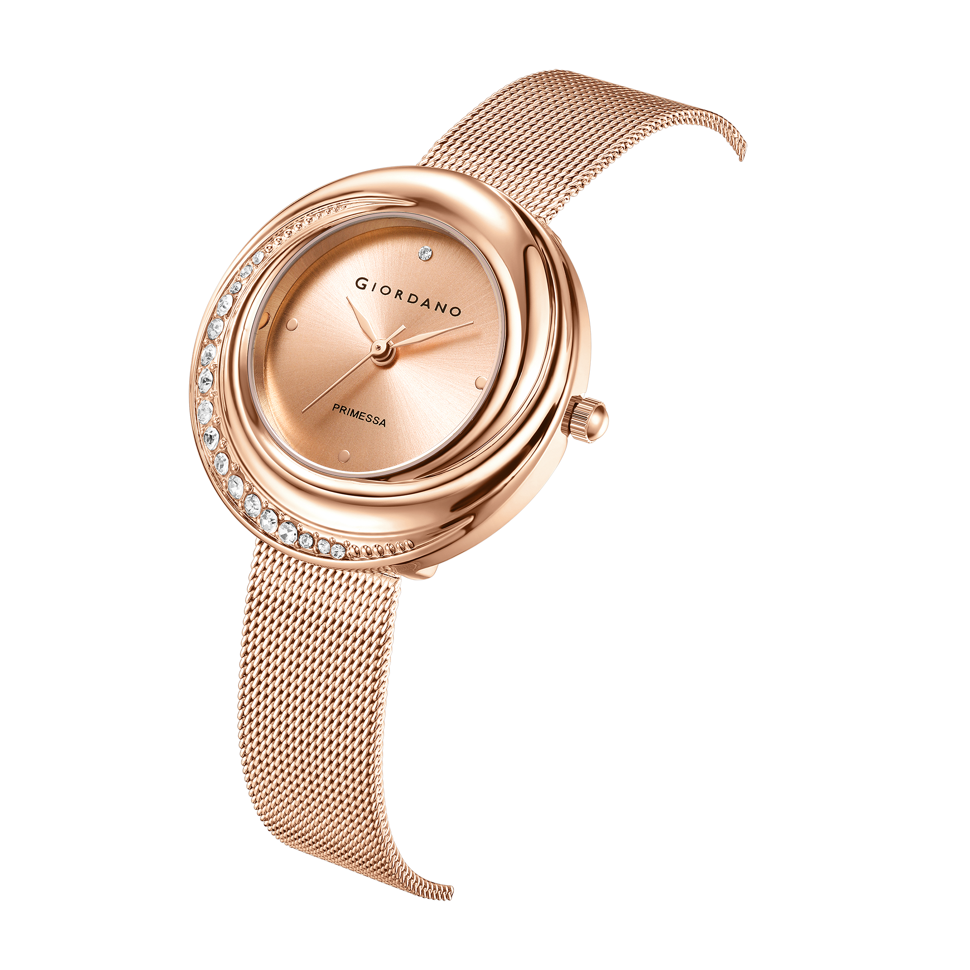 Giordano Primessa Analog Watch for Women with Round Rose Gold Dial, Crystal Accented Bezel, Hour Markers, Quartz Movement and Rose Gold Stainless Steel Mesh Strap - GZ-60182-11