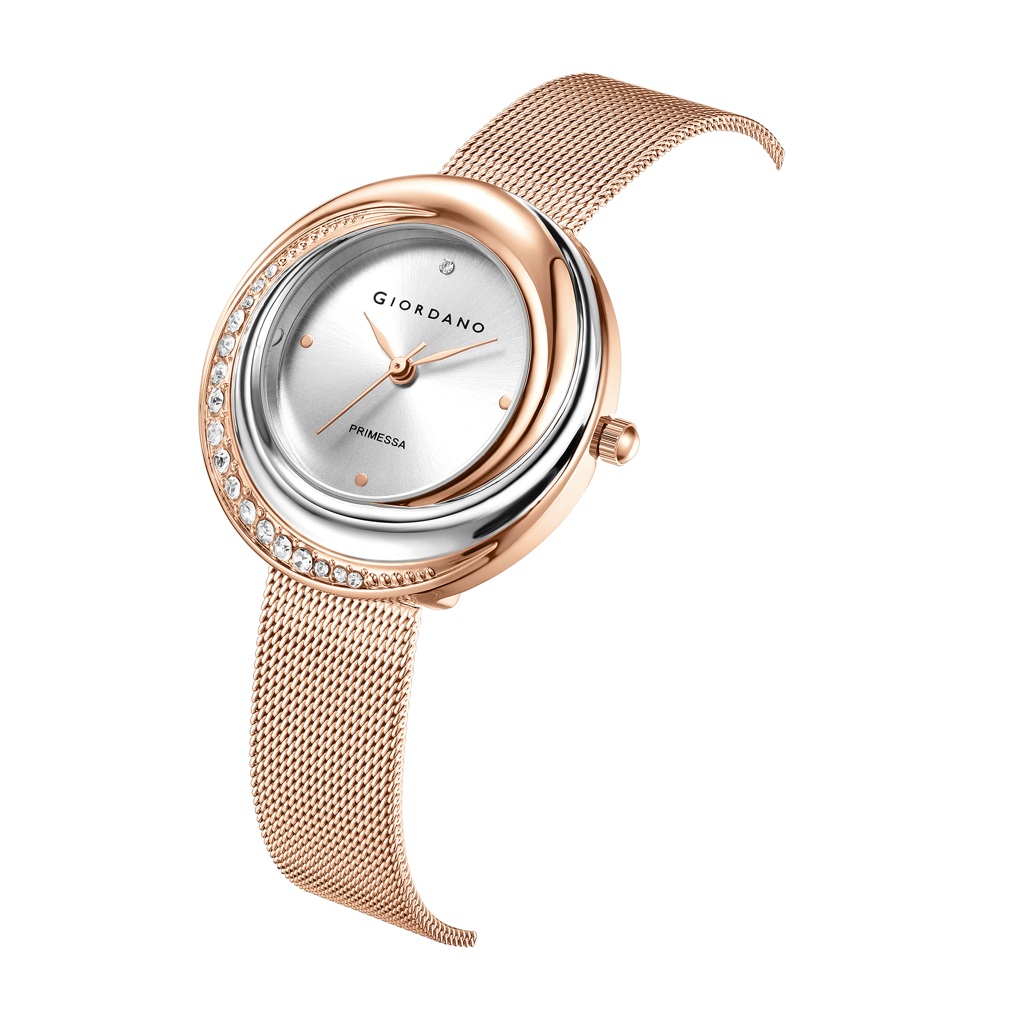 Giordano Primessa Analog Watch for Women with Round Silver Dial, Crystal Accented Bezel, Hour Markers, Quartz Movement and Rose Gold Stainless Steel Mesh Strap - GZ-60182-33