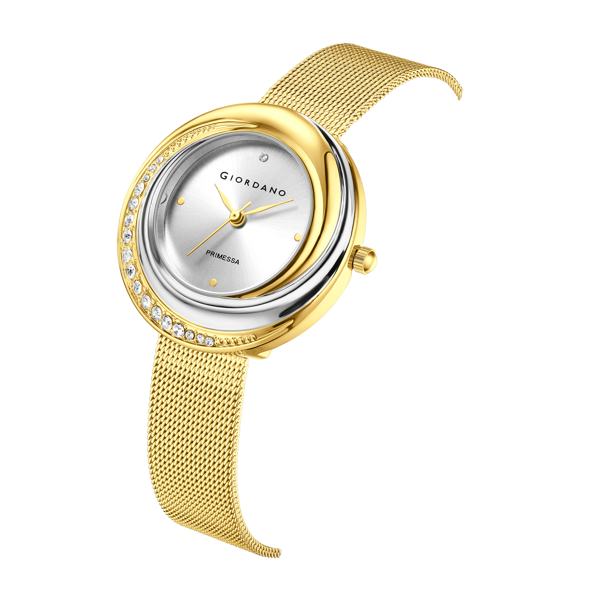 Giordano Primessa Analog Watch for Women with Round Silver Dial, Crystal Accented Bezel, Hour Markers, Quartz Movement and Gold Stainless Steel Mesh Strap - GZ-60182-22