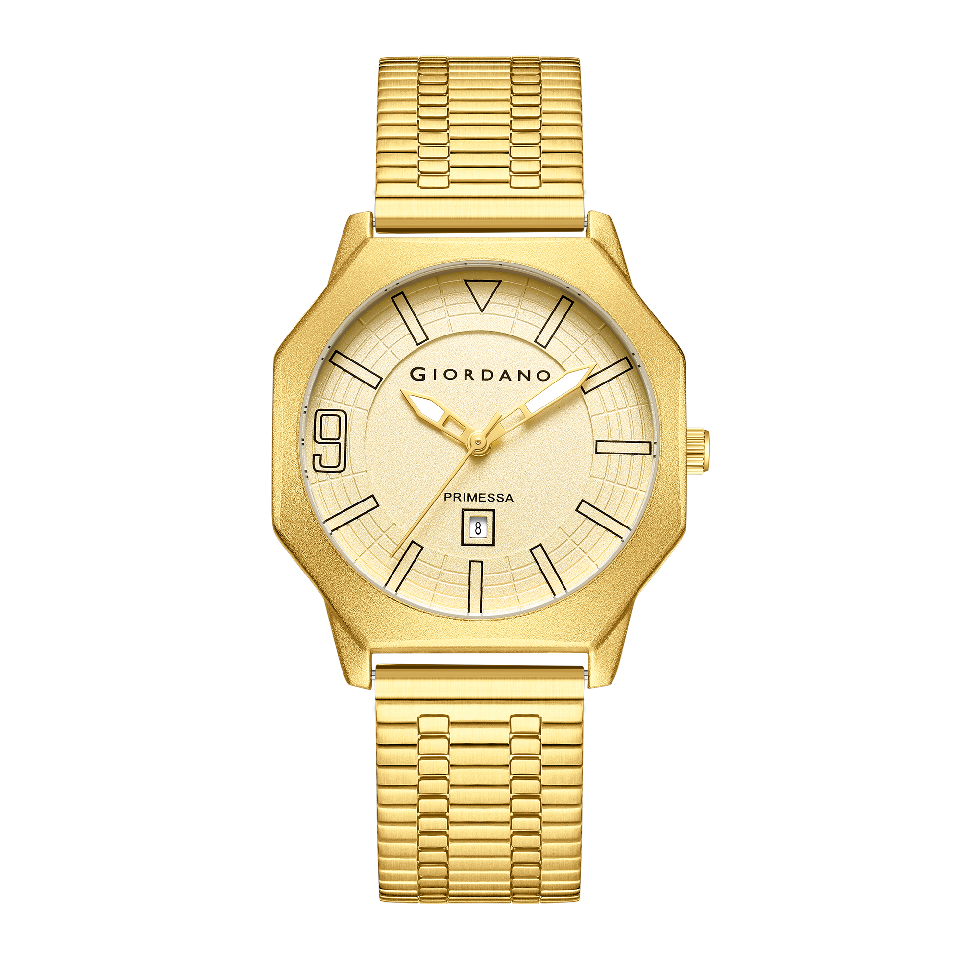 Giordano Primessa Analog Quartz Watch for Women with Textured Round Gold Dial, Hour Markers, Date Display, Water Resistant and Gold Stainless Steel Strap - GZ-60181-11