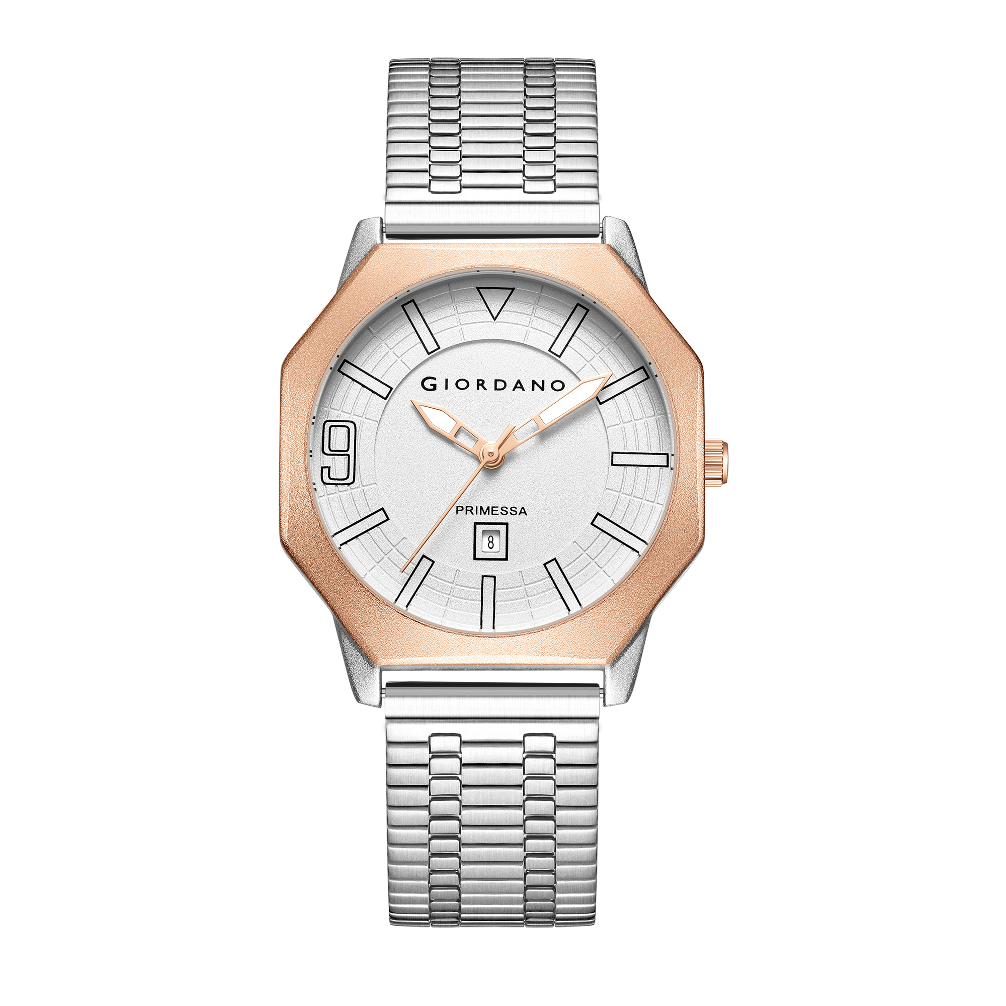 Giordano Primessa Analog Quartz Watch for Women with Textured Round White Dial, Hour Markers, Date Display, Water Resistant and Silver Stainless Steel Strap - GZ-60181-33