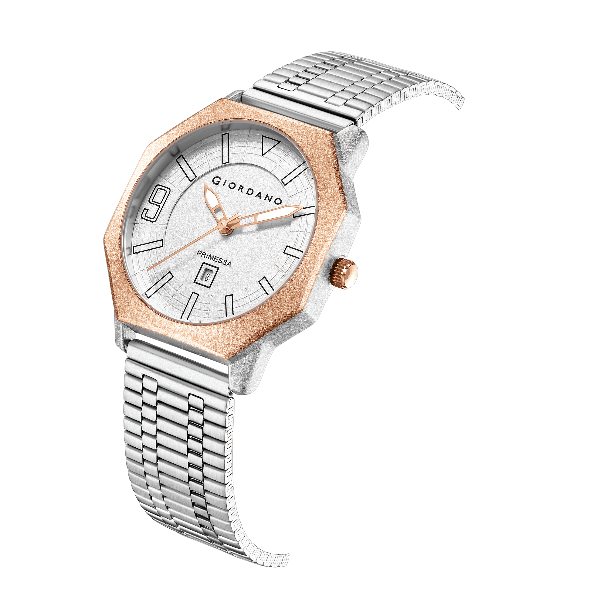Giordano Primessa Analog Quartz Watch for Women with Textured Round White Dial, Hour Markers, Date Display, Water Resistant and Silver Stainless Steel Strap - GZ-60181-33