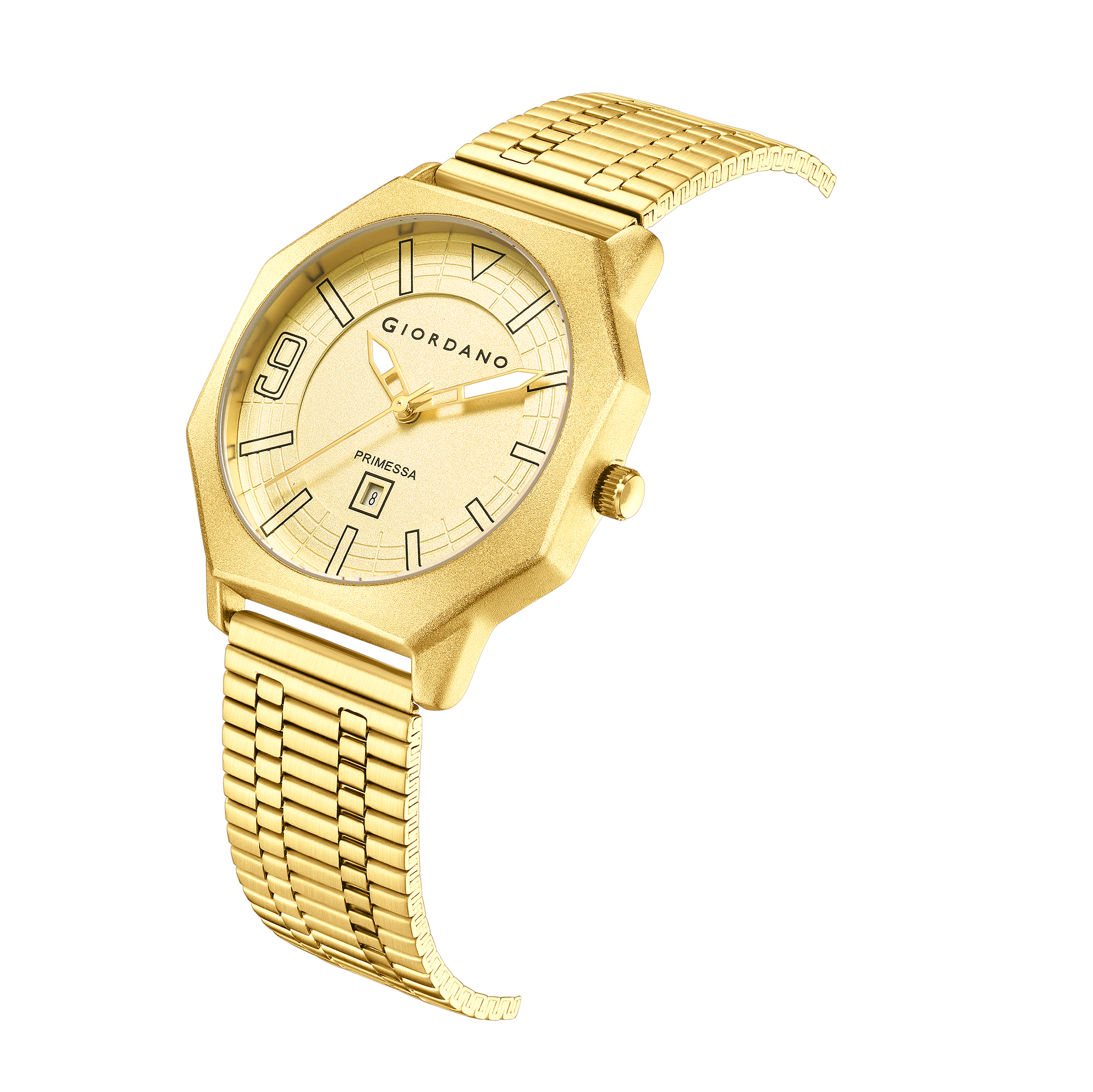 Giordano Primessa Analog Quartz Watch for Women with Textured Round Gold Dial, Hour Markers, Date Display, Water Resistant and Gold Stainless Steel Strap - GZ-60181-11