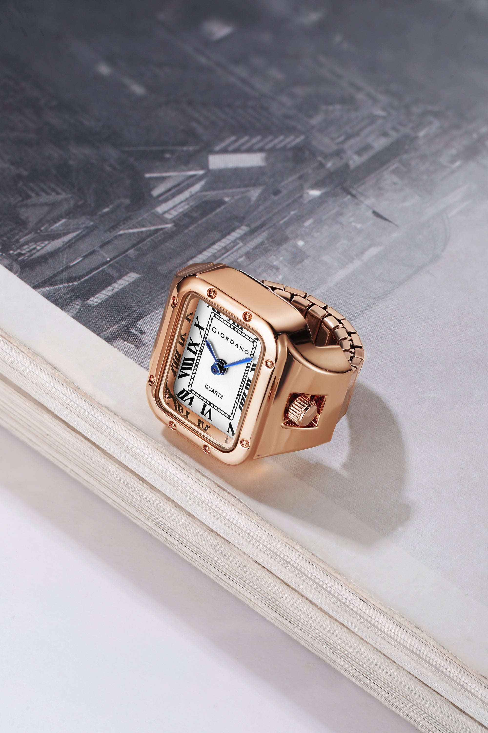 Giordano Analog Ring Watch for Women with Rectangular White Dial, Roman Numeral Markers, Blue Hands, Quartz Movement and Rose Gold-Tone Stainless Steel Case - GZ-60186-22