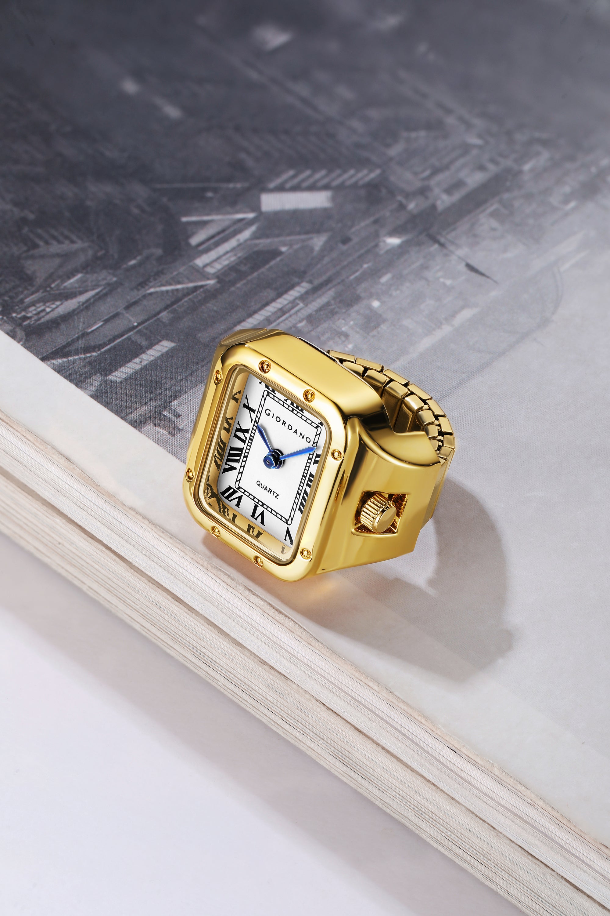 Giordano Analog Ring Watch for Women with Rectangular White Dial, Roman Numeral Markers, Blue Hands, Quartz Movement and Gold-Tone Stainless Steel Case - GZ-60186-11
