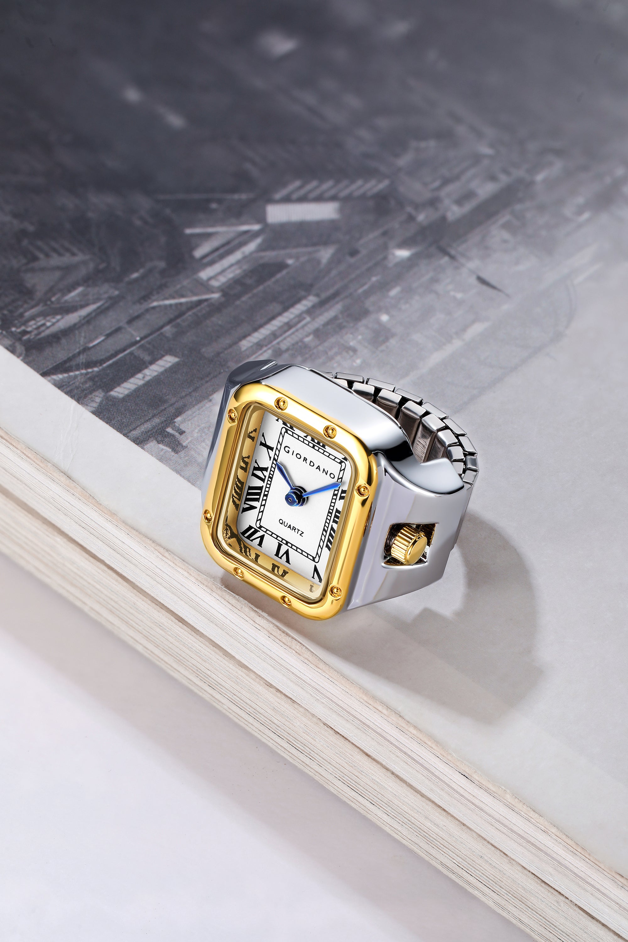 Giordano Analog Ring Watch for Women with Rectangular White Dial, Roman Numeral Markers, Blue Hands, Quartz Movement and Two-Tone Stainless Steel Case - GZ-60186-33