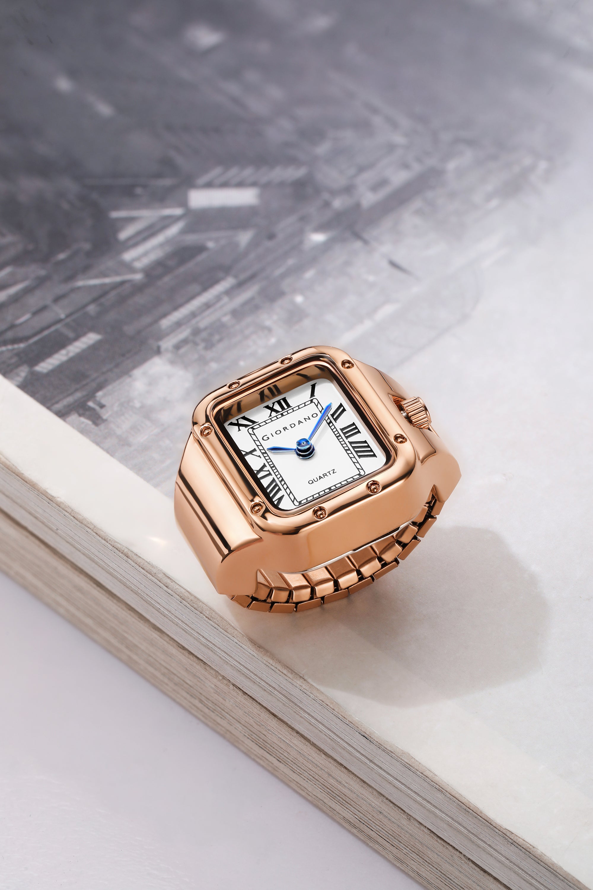 Giordano Analog Ring Watch for Women with Rectangular White Dial, Roman Numeral Markers, Blue Hands, Quartz Movement and Rose Gold-Tone Stainless Steel Case - GZ-60186-22