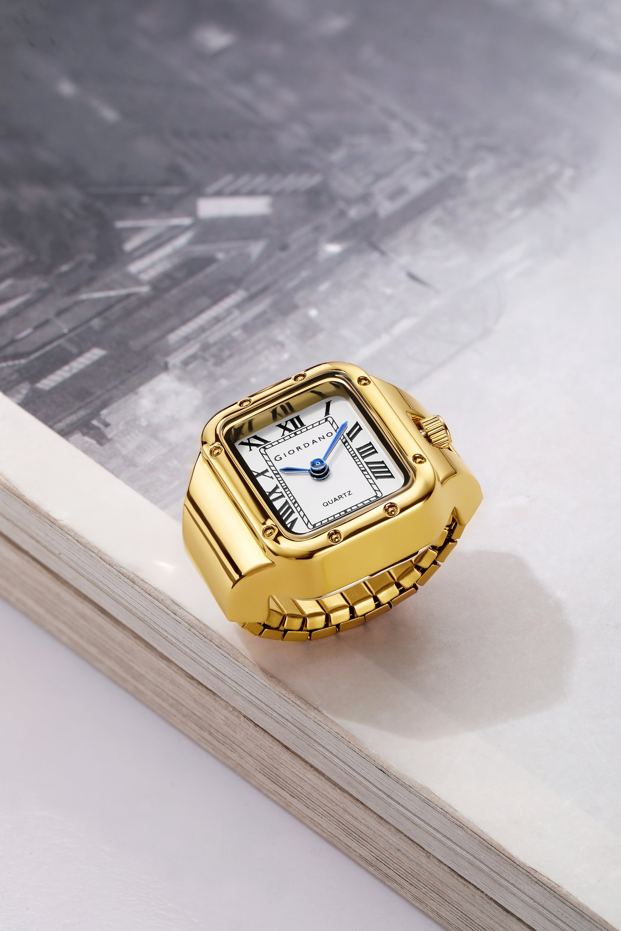 Giordano Analog Ring Watch for Women with Rectangular White Dial, Roman Numeral Markers, Blue Hands, Quartz Movement and Gold-Tone Stainless Steel Case - GZ-60186-11