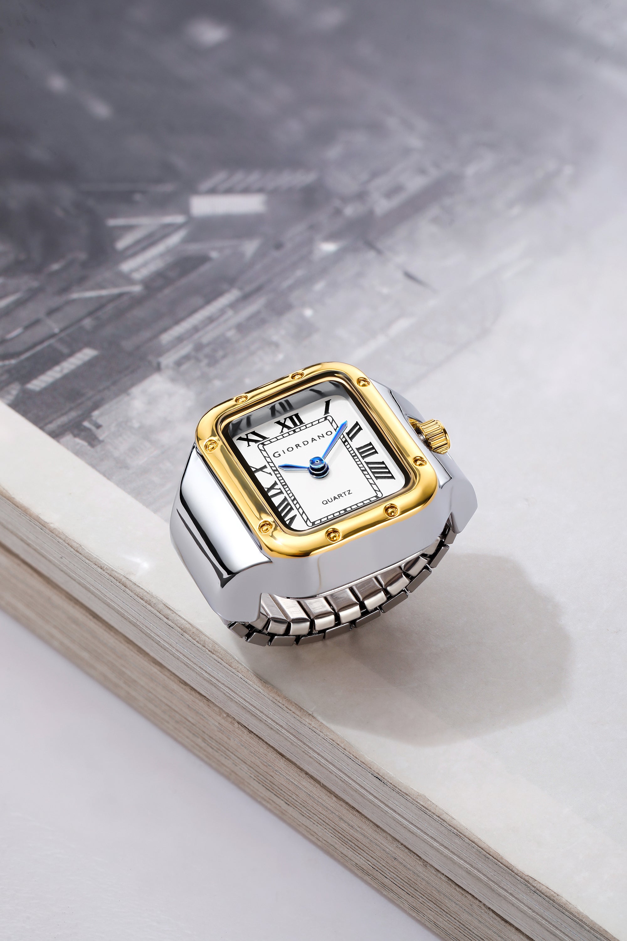 Giordano Analog Ring Watch for Women with Rectangular White Dial, Roman Numeral Markers, Blue Hands, Quartz Movement and Two-Tone Stainless Steel Case - GZ-60186-33