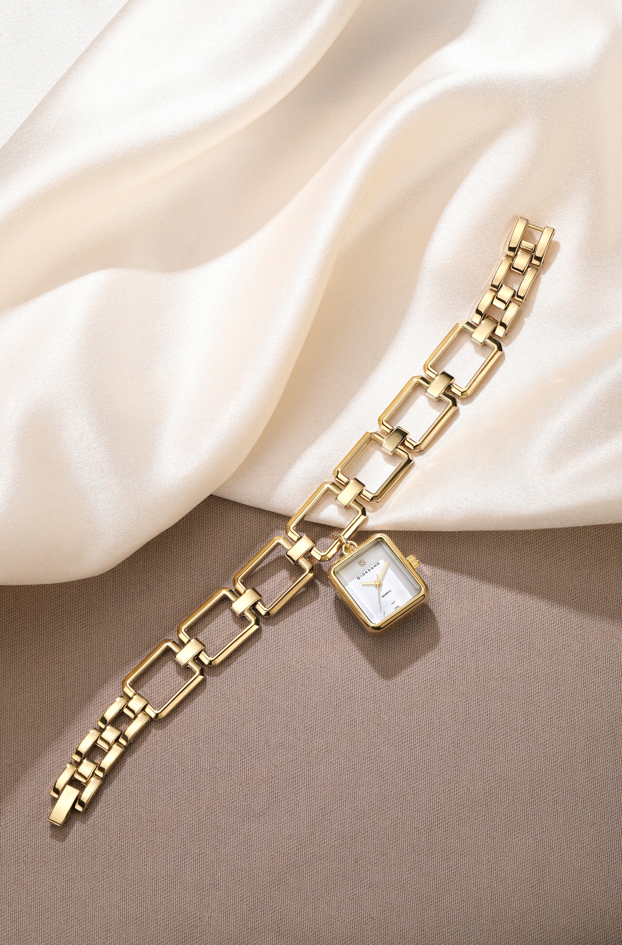 Giordano Analog Bracelet Watch for Women with Square White Dial, Crystal Hour Markers, Quartz Movement and Gold-Tone Link Bracelet - GZ-60187-22