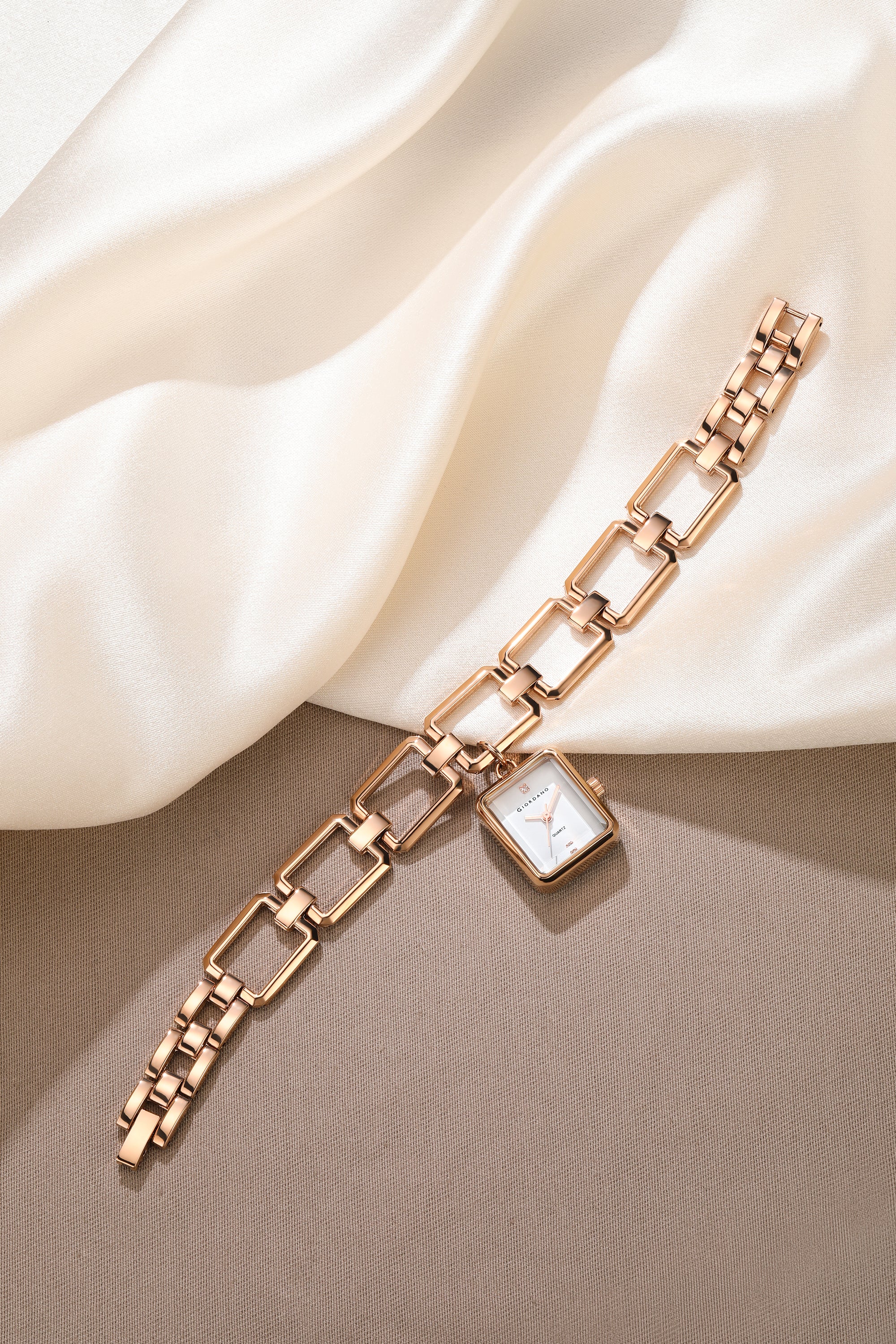 Giordano Analog Bracelet Watch for Women with Square White Dial, Crystal Hour Markers, Quartz Movement and Rose Gold-Tone Link Bracelet - GZ-60187-33