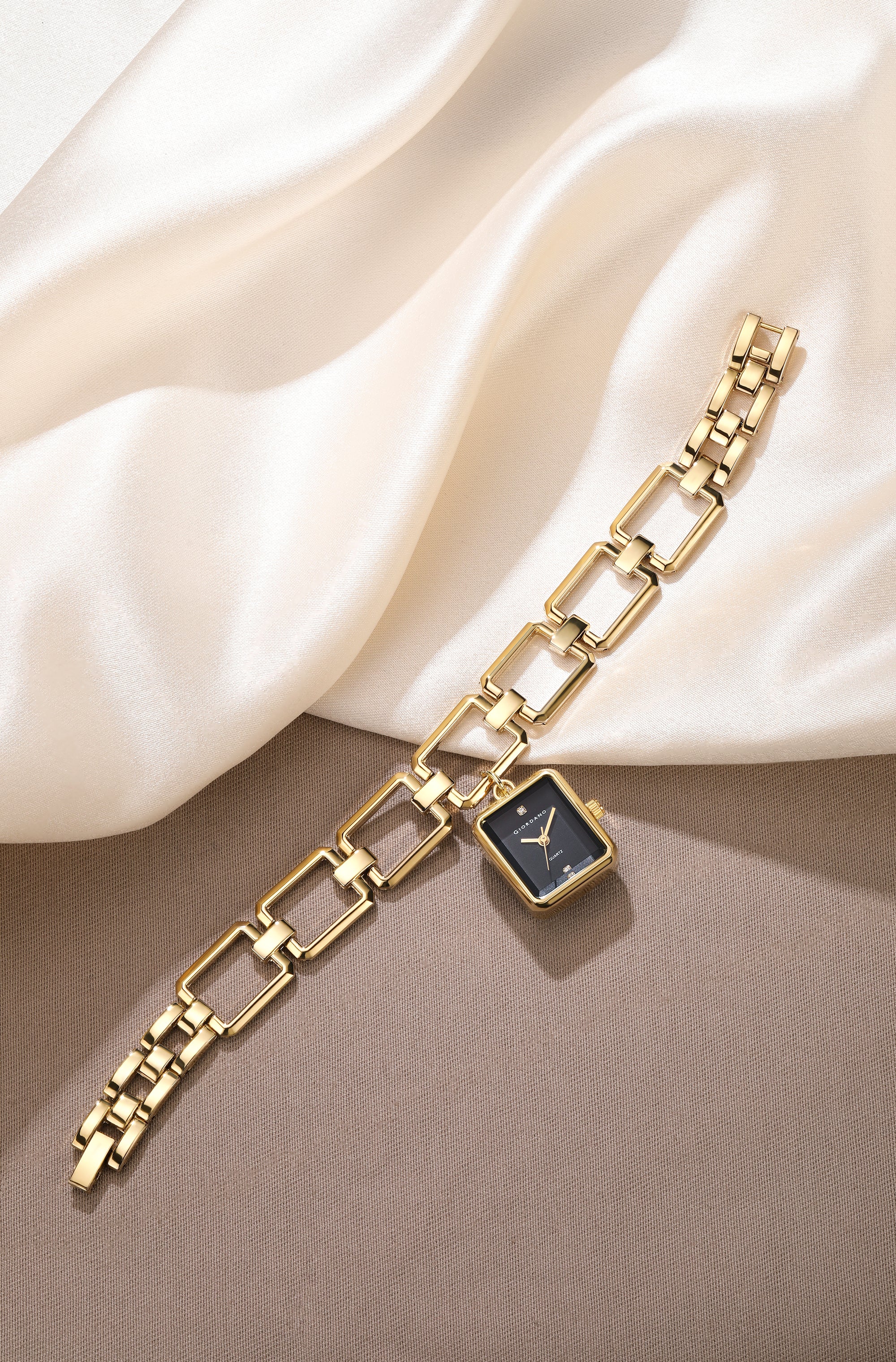 Giordano Analog Bracelet Watch for Women with Square Black Dial, Crystal Hour Markers, Quartz Movement and Gold-Tone Link Bracelet - GZ-60187-11