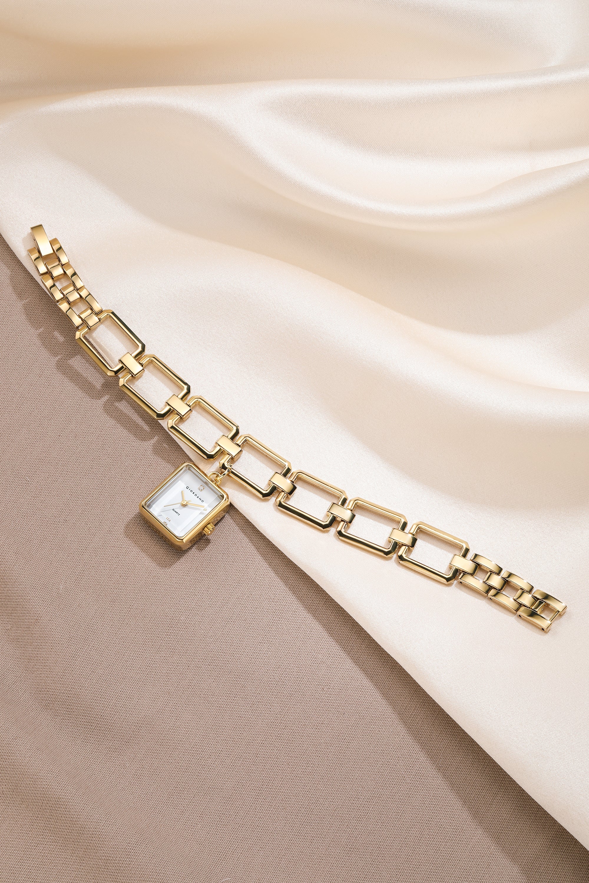 Giordano Analog Bracelet Watch for Women with Square White Dial, Crystal Hour Markers, Quartz Movement and Gold-Tone Link Bracelet - GZ-60187-22