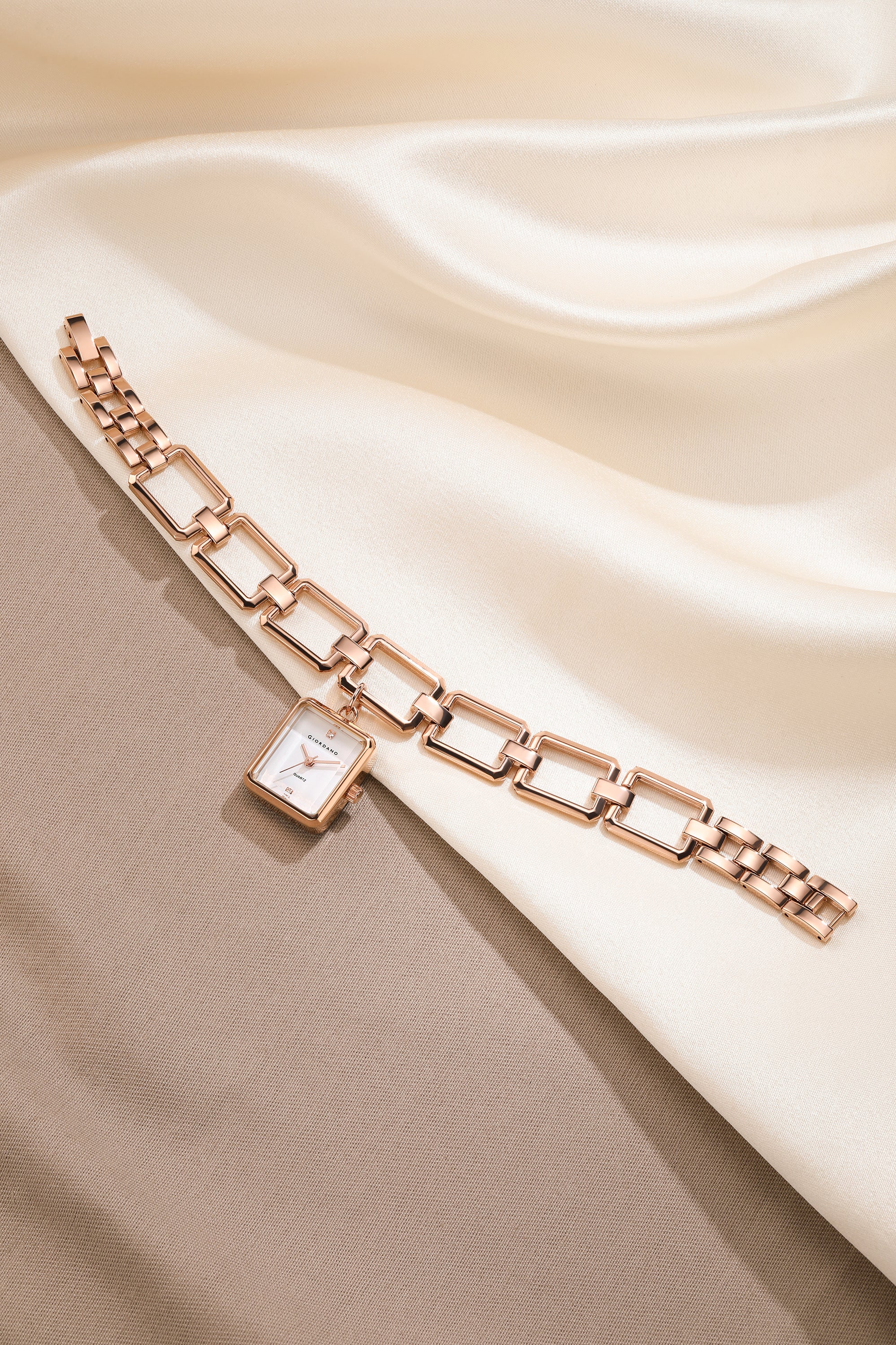 Giordano Analog Bracelet Watch for Women with Square White Dial, Crystal Hour Markers, Quartz Movement and Rose Gold-Tone Link Bracelet - GZ-60187-33