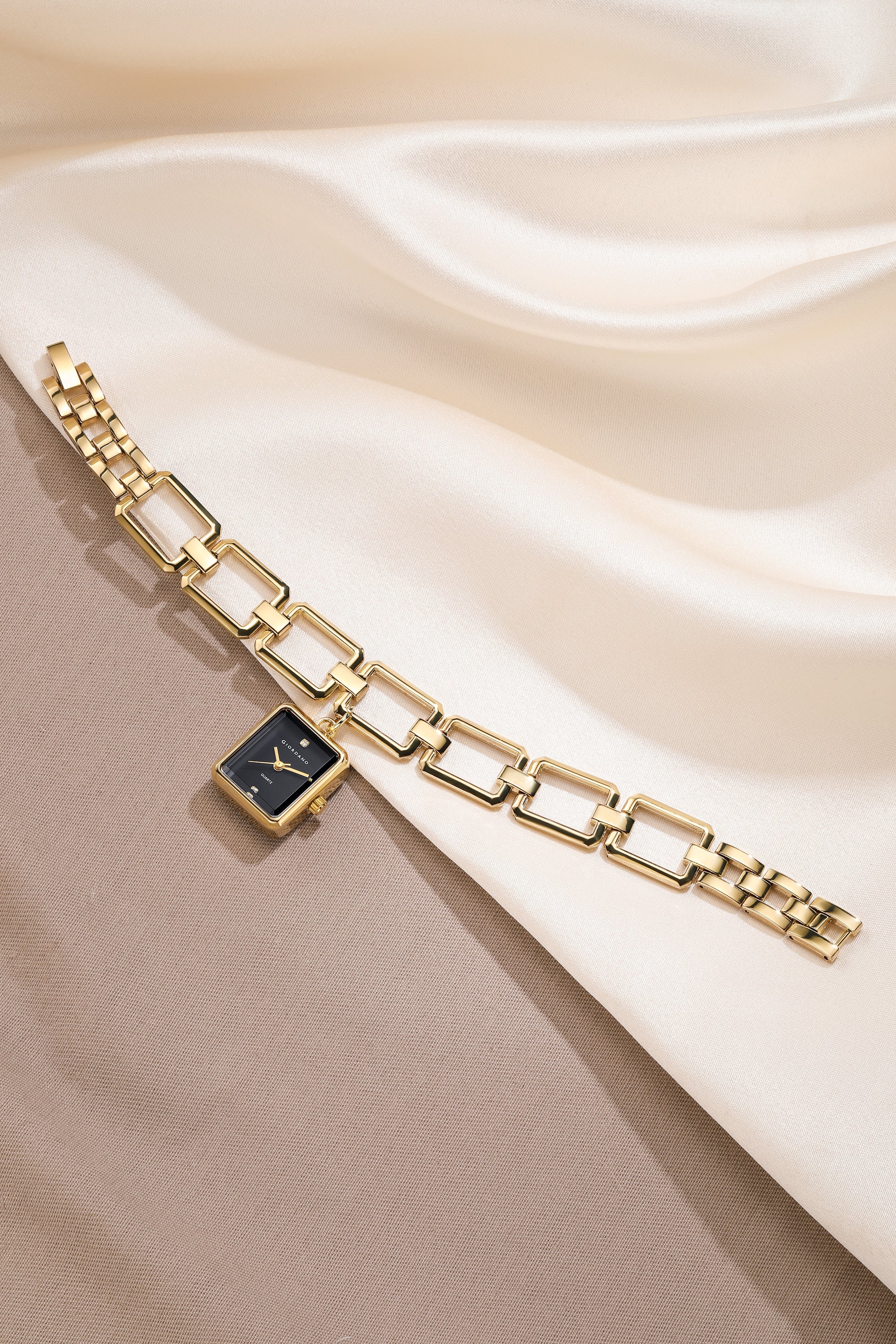 Giordano Analog Bracelet Watch for Women with Square Black Dial, Crystal Hour Markers, Quartz Movement and Gold-Tone Link Bracelet - GZ-60187-11