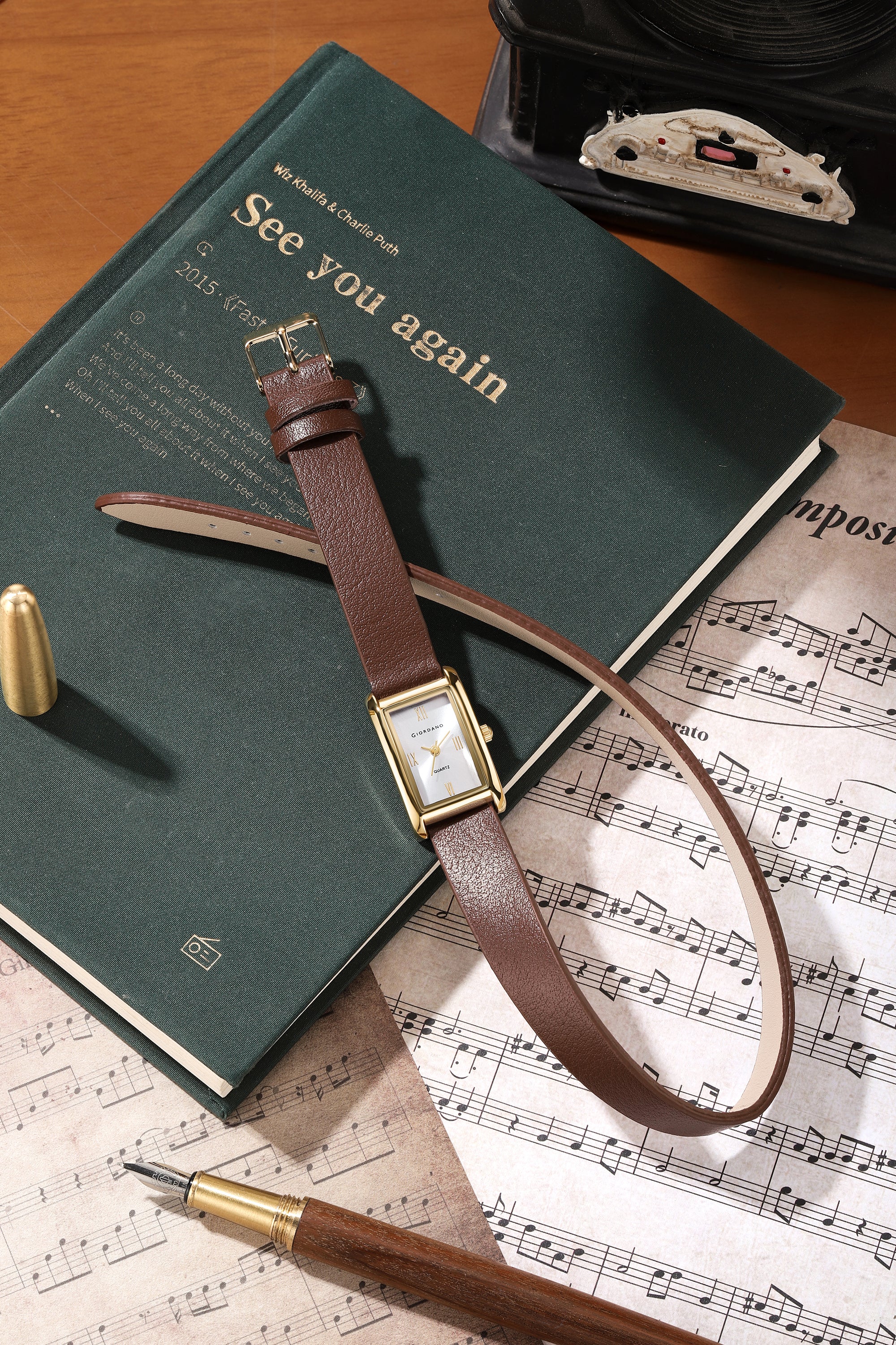 Giordano Analog Watch for Women with Rectangular Silver Dial, Roman Numeral Markers, Quartz Movement and Brown Leather Strap - GZ-60184-03