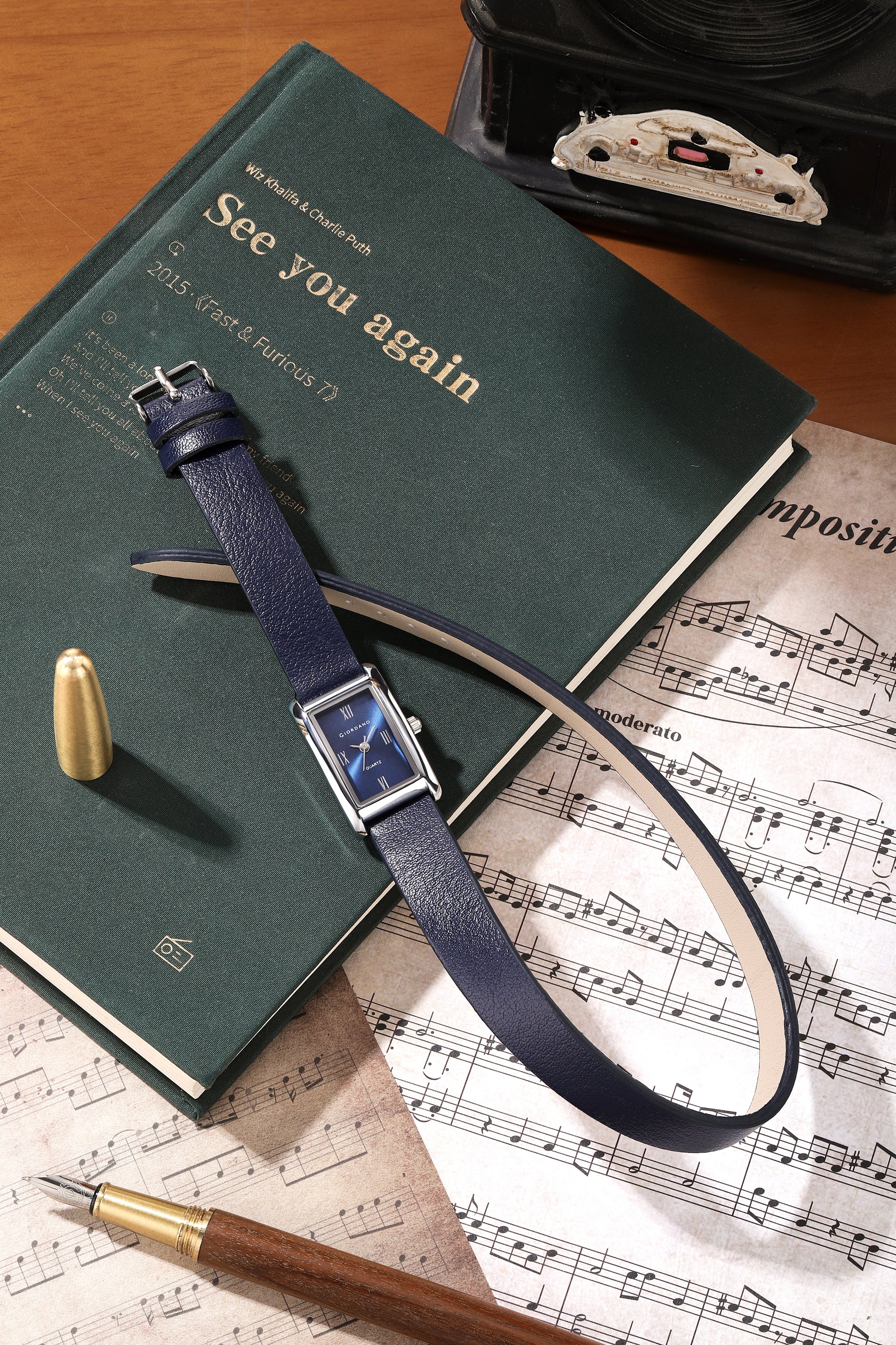 Giordano Analog Watch for Women with Rectangular Blue Dial, Roman Numeral Markers, Quartz Movement and Blue Leather Strap - GZ-60184-02