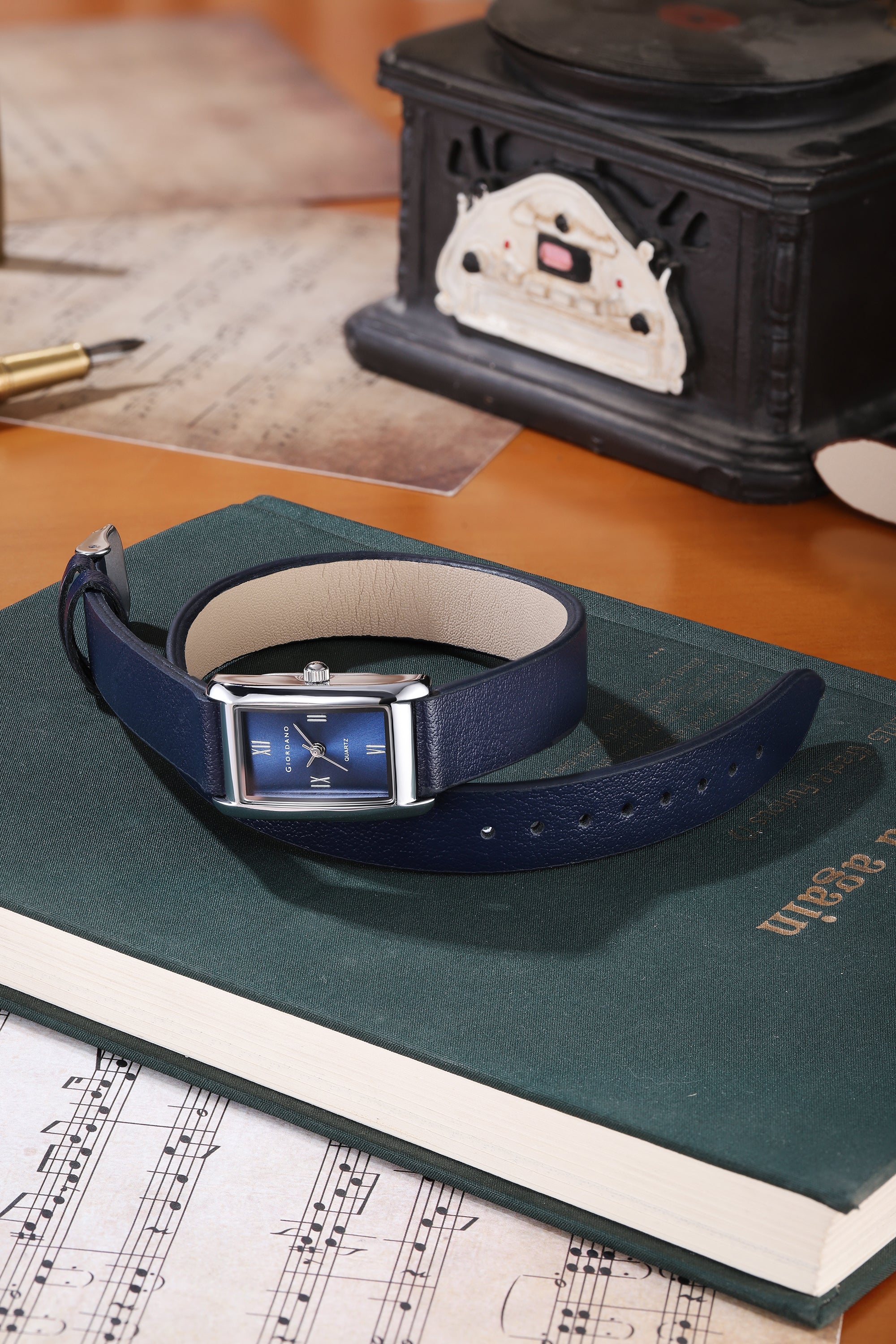 Giordano Analog Watch for Women with Rectangular Blue Dial, Roman Numeral Markers, Quartz Movement and Blue Leather Strap - GZ-60184-02