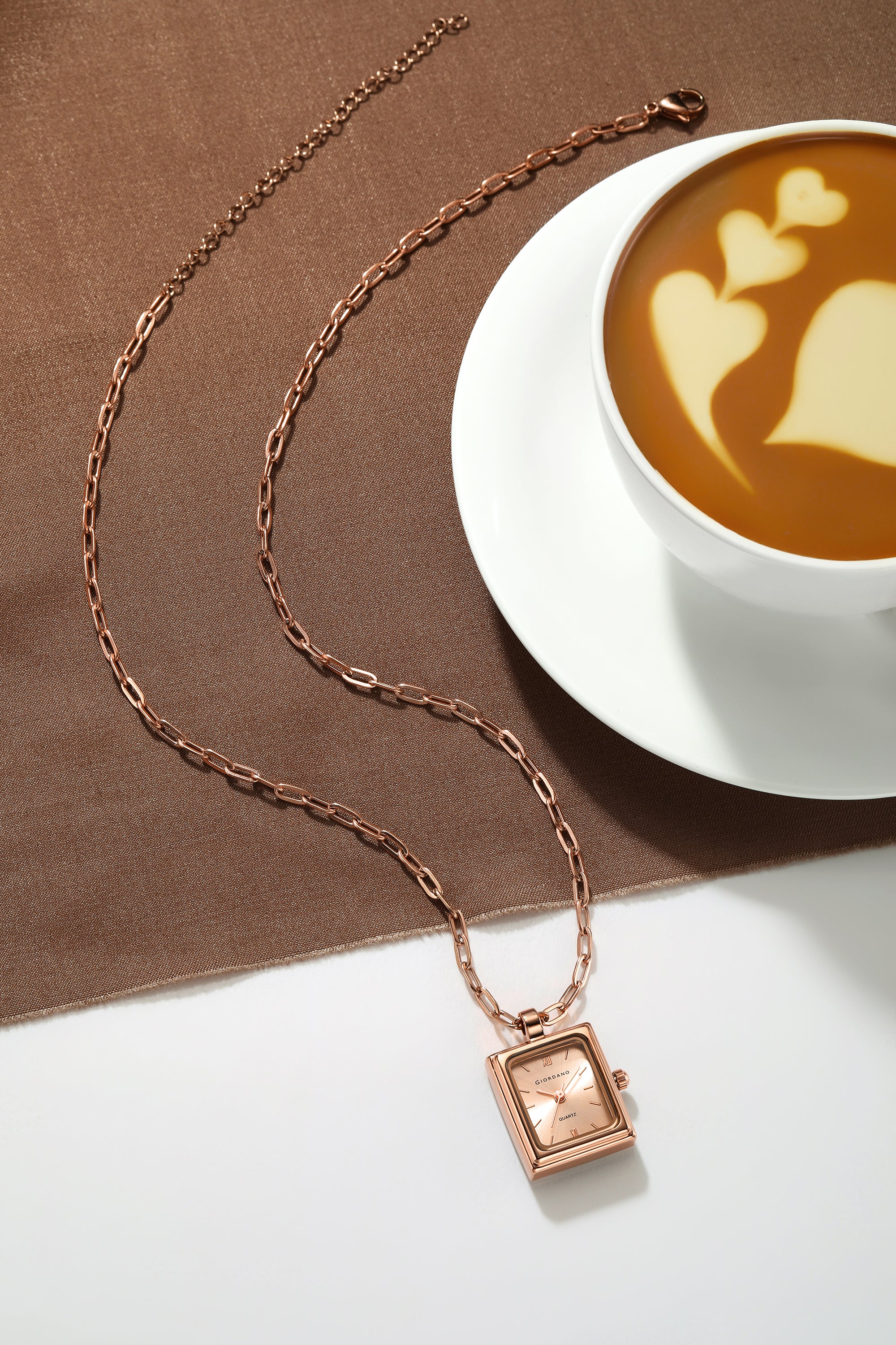 Giordano Analog Watch Pendant Necklace for Women with Rectangular Rose Gold Dial, Roman Numeral Markers, Quartz Movement and Adjustable Rose Gold Chain - GZ-60185-33