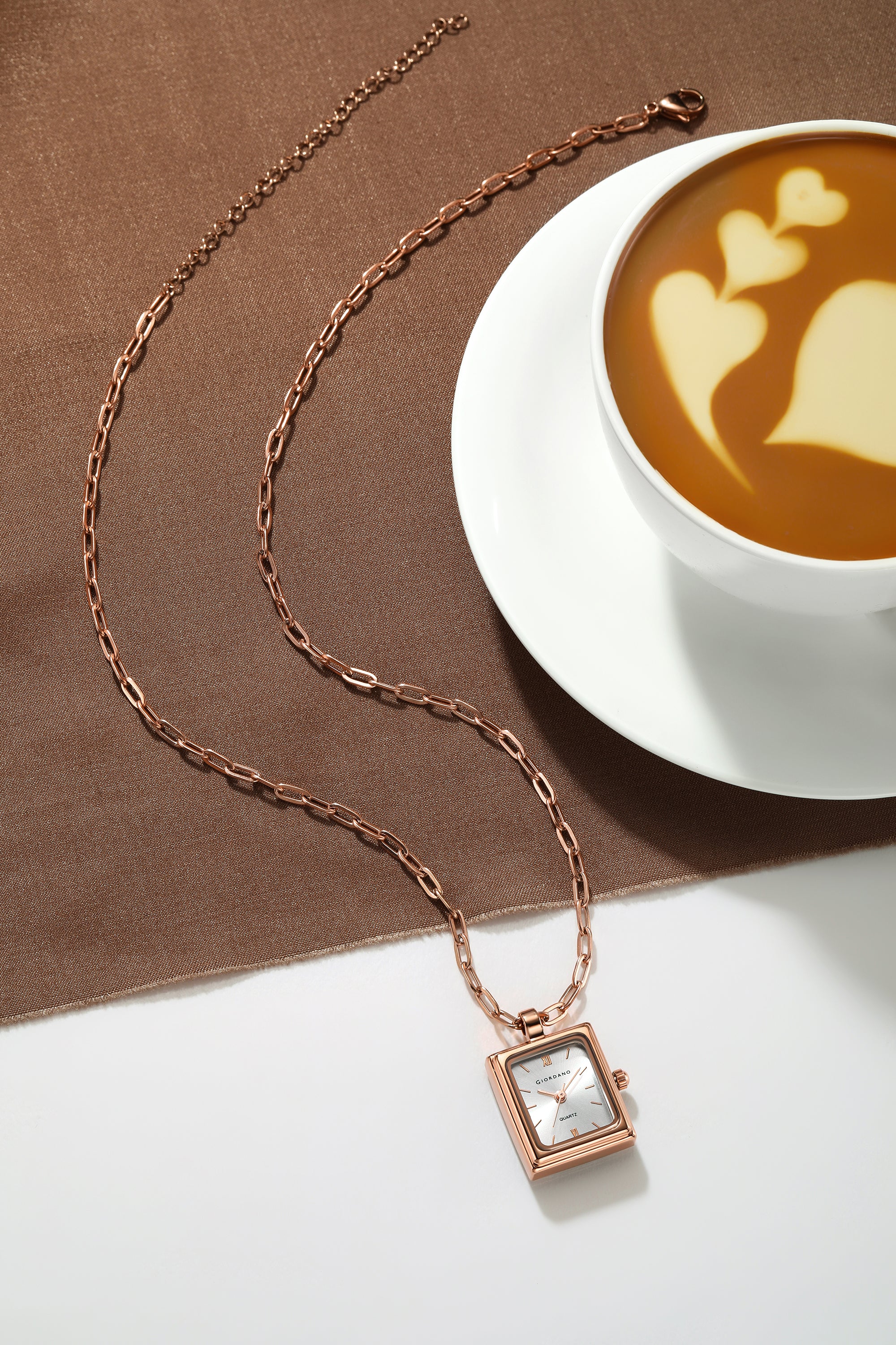 Giordano Analog Watch Pendant Necklace for Women with Rectangular Silver Dial, Roman Numeral Markers, Quartz Movement and Adjustable Rose Gold Chain - GZ-60185-22