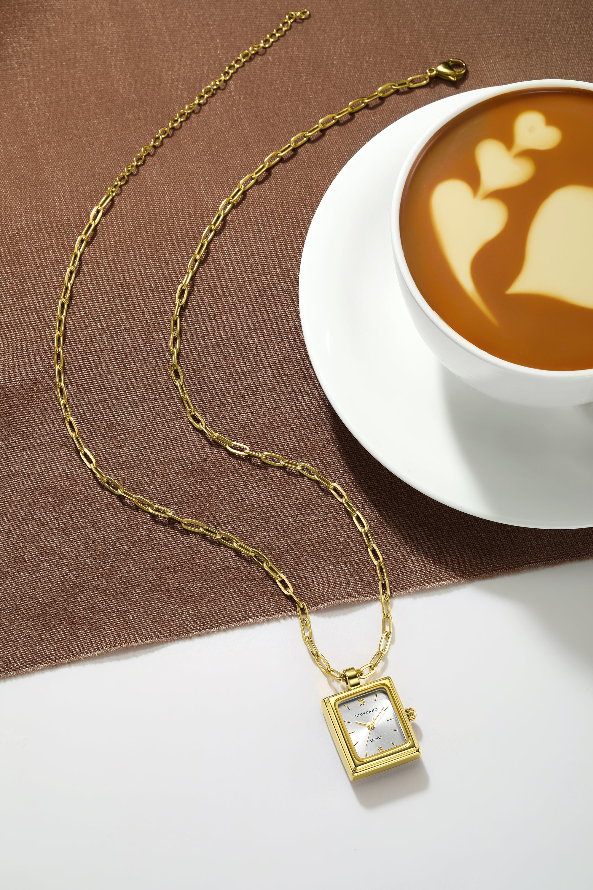 Giordano Analog Watch Pendant Necklace for Women with Rectangular Silver Dial, Roman Numeral Markers, Quartz Movement and Adjustable Gold Chain - GZ-60185-11