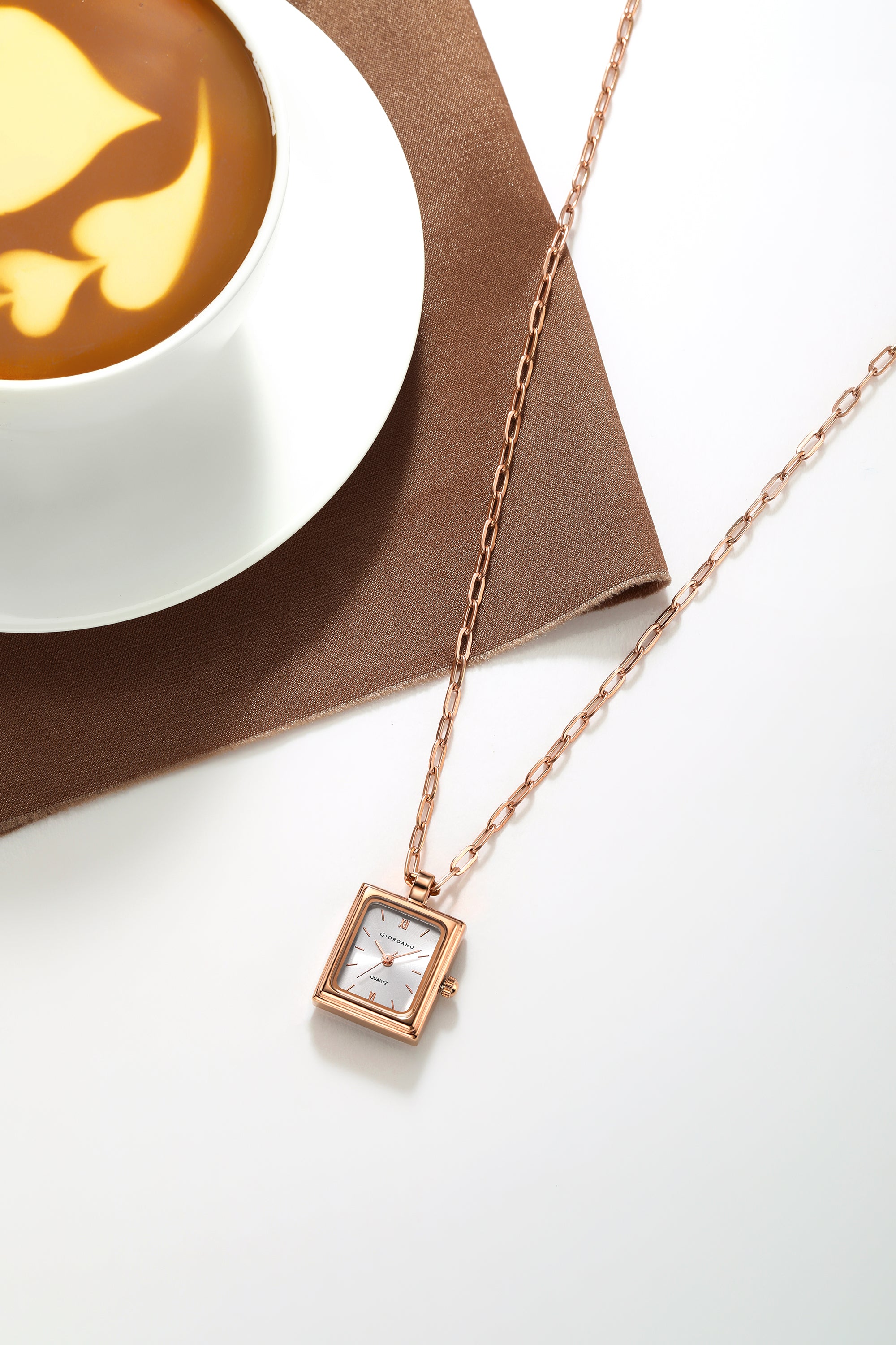 Giordano Analog Watch Pendant Necklace for Women with Rectangular Silver Dial, Roman Numeral Markers, Quartz Movement and Adjustable Rose Gold Chain - GZ-60185-22