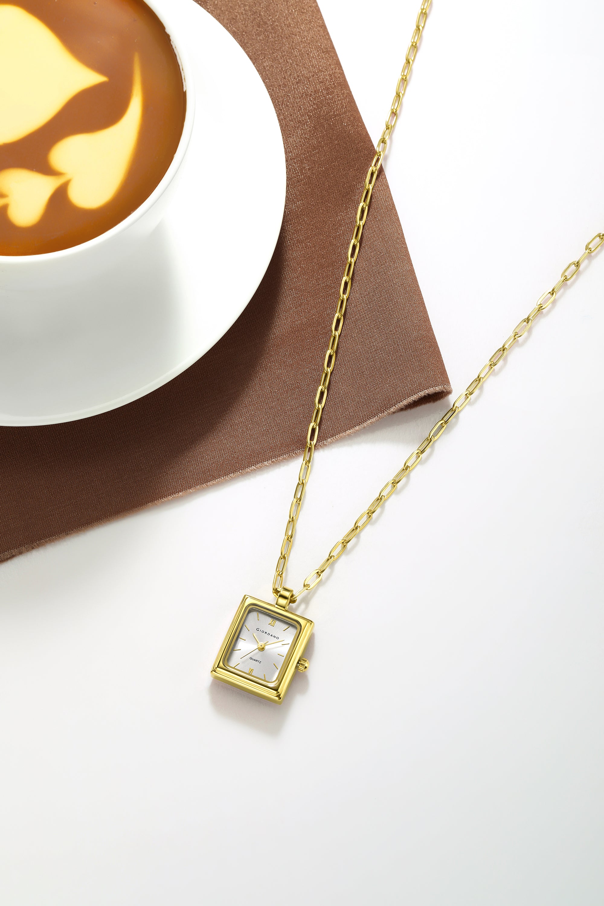 Giordano Analog Watch Pendant Necklace for Women with Rectangular Silver Dial, Roman Numeral Markers, Quartz Movement and Adjustable Gold Chain - GZ-60185-11