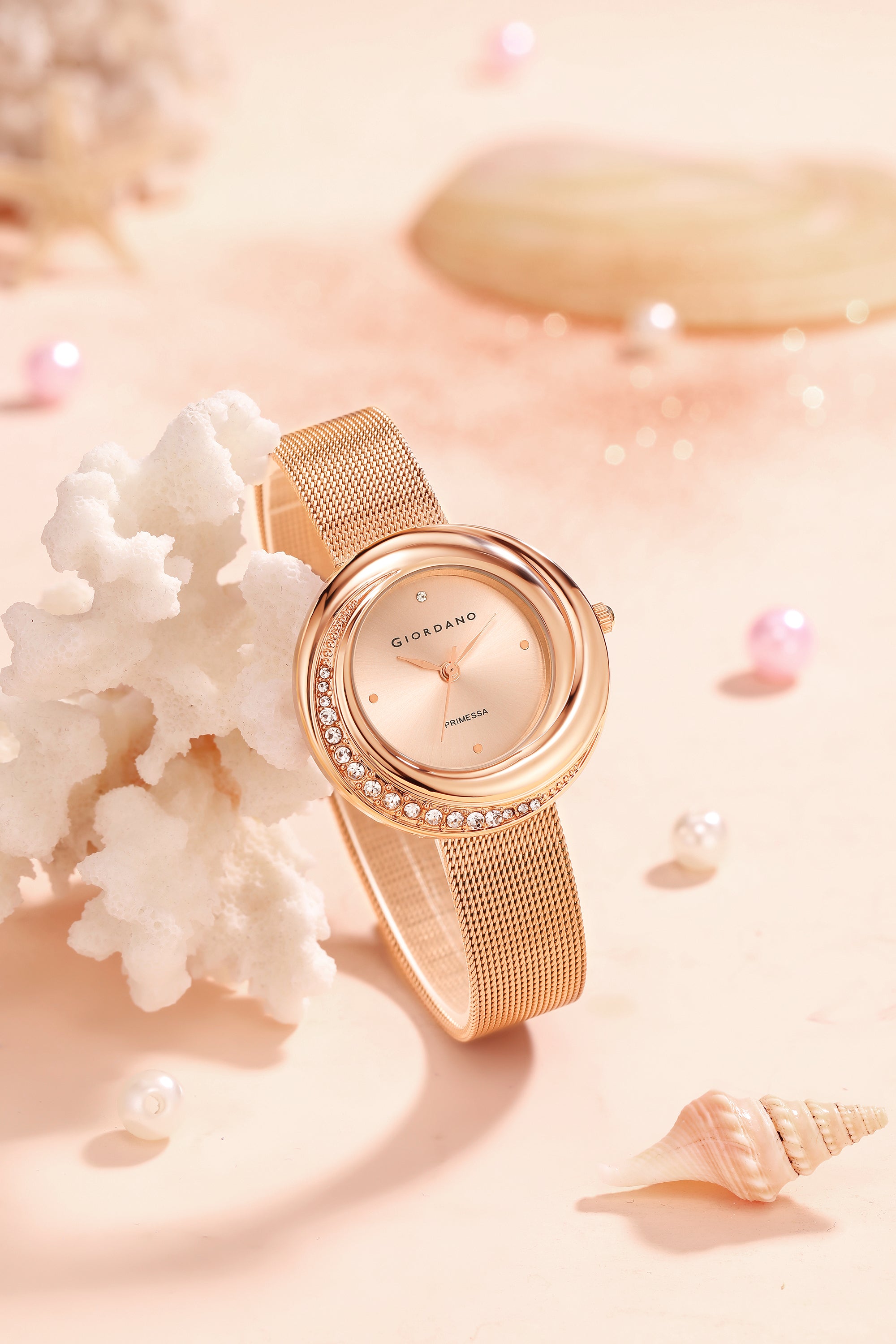 Giordano Primessa Analog Watch for Women with Round Rose Gold Dial, Crystal Accented Bezel, Hour Markers, Quartz Movement and Rose Gold Stainless Steel Mesh Strap - GZ-60182-11