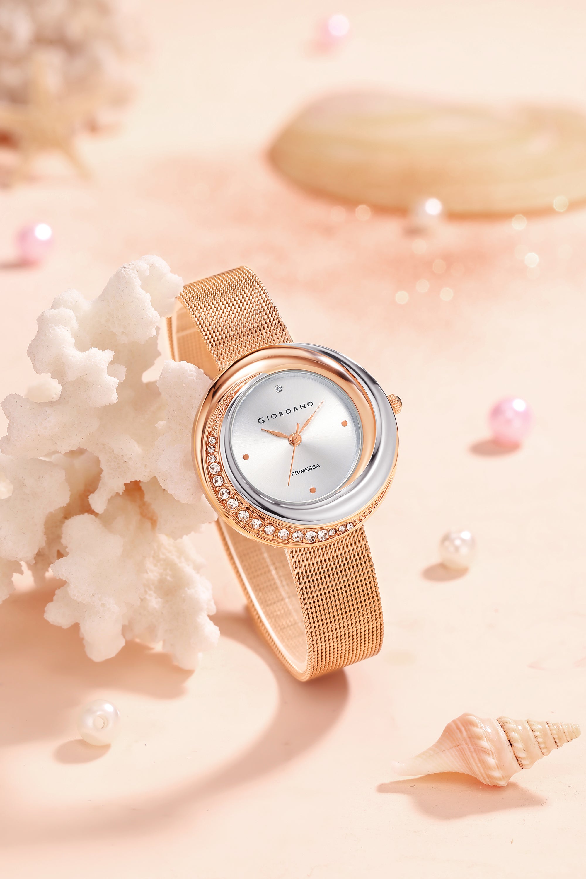 Giordano Primessa Analog Watch for Women with Round Silver Dial, Crystal Accented Bezel, Hour Markers, Quartz Movement and Rose Gold Stainless Steel Mesh Strap - GZ-60182-33